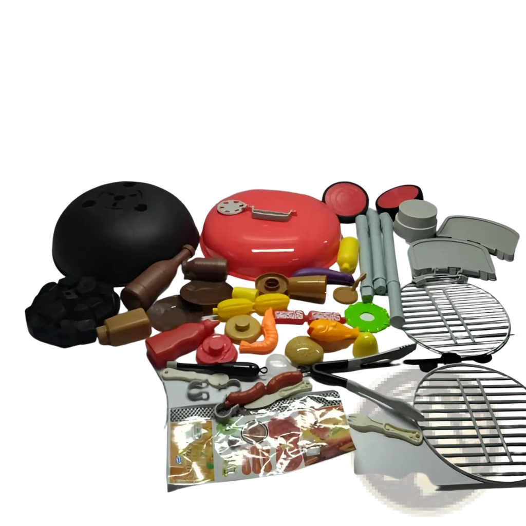 Red plastic smoking barbecue grill toy with light and sound featuring black lid and silver handle for kids play