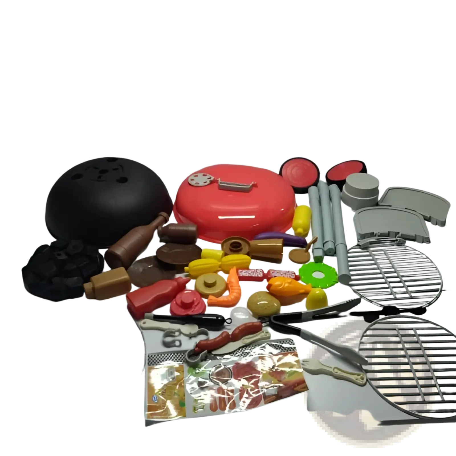 Red plastic smoking barbecue grill toy with light and sound featuring black lid and silver handle for kids play