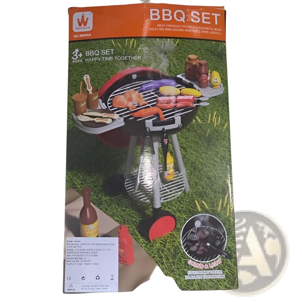 Red and black plastic smoking barbecue grill toy with wheels light sound grilling surface and side shelves for condiments