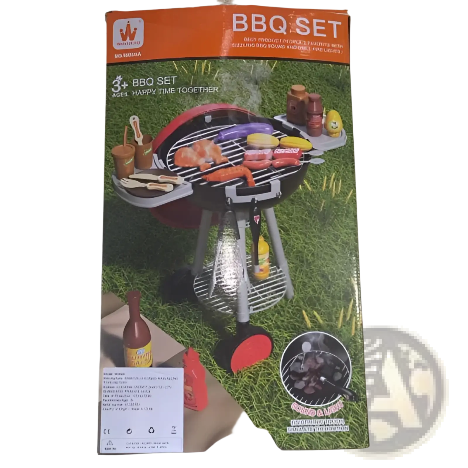 Red and black plastic smoking barbecue grill toy with wheels light sound grilling surface and side shelves for condiments