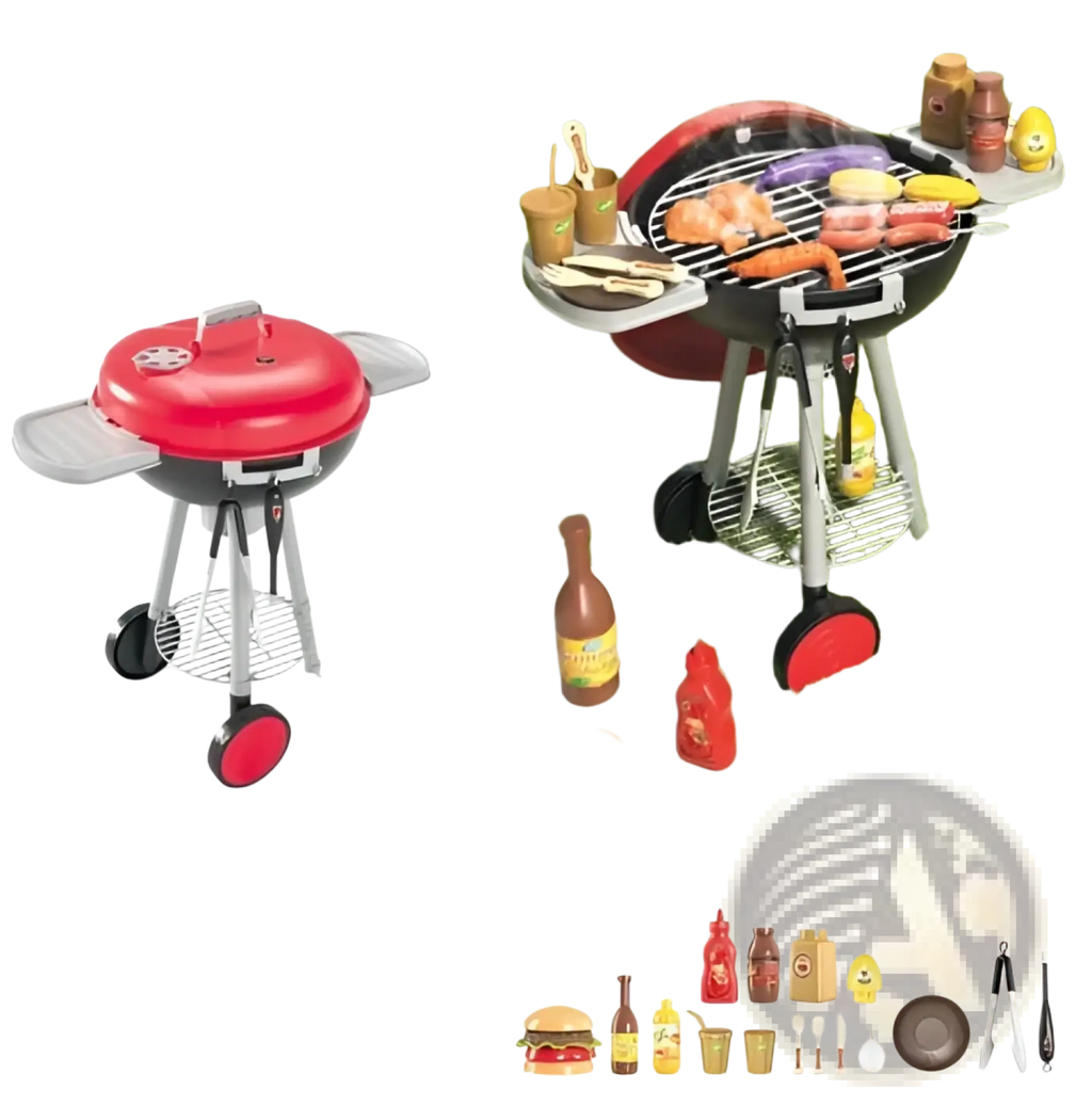 Red and silver toy barbecue grill with wheels featuring a lid that simulates ignition light and sound for children