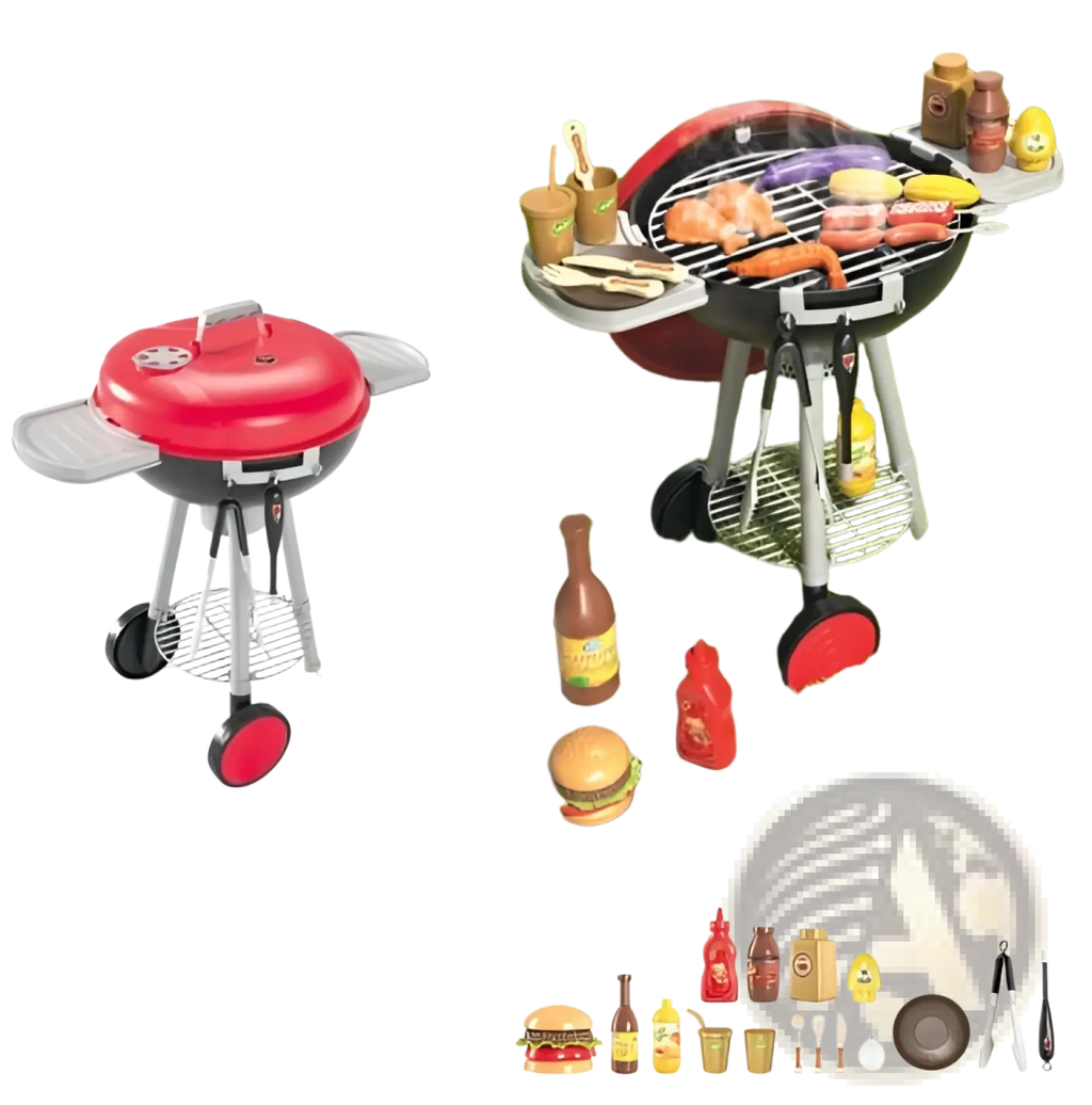 Red and black toy smoking barbecue grill with light and sound, featuring silver legs, wheels, and side shelves