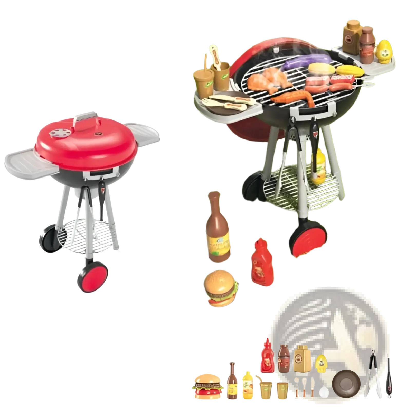 Red and black toy smoking barbecue grill with light and sound, featuring silver legs, wheels, and side shelves