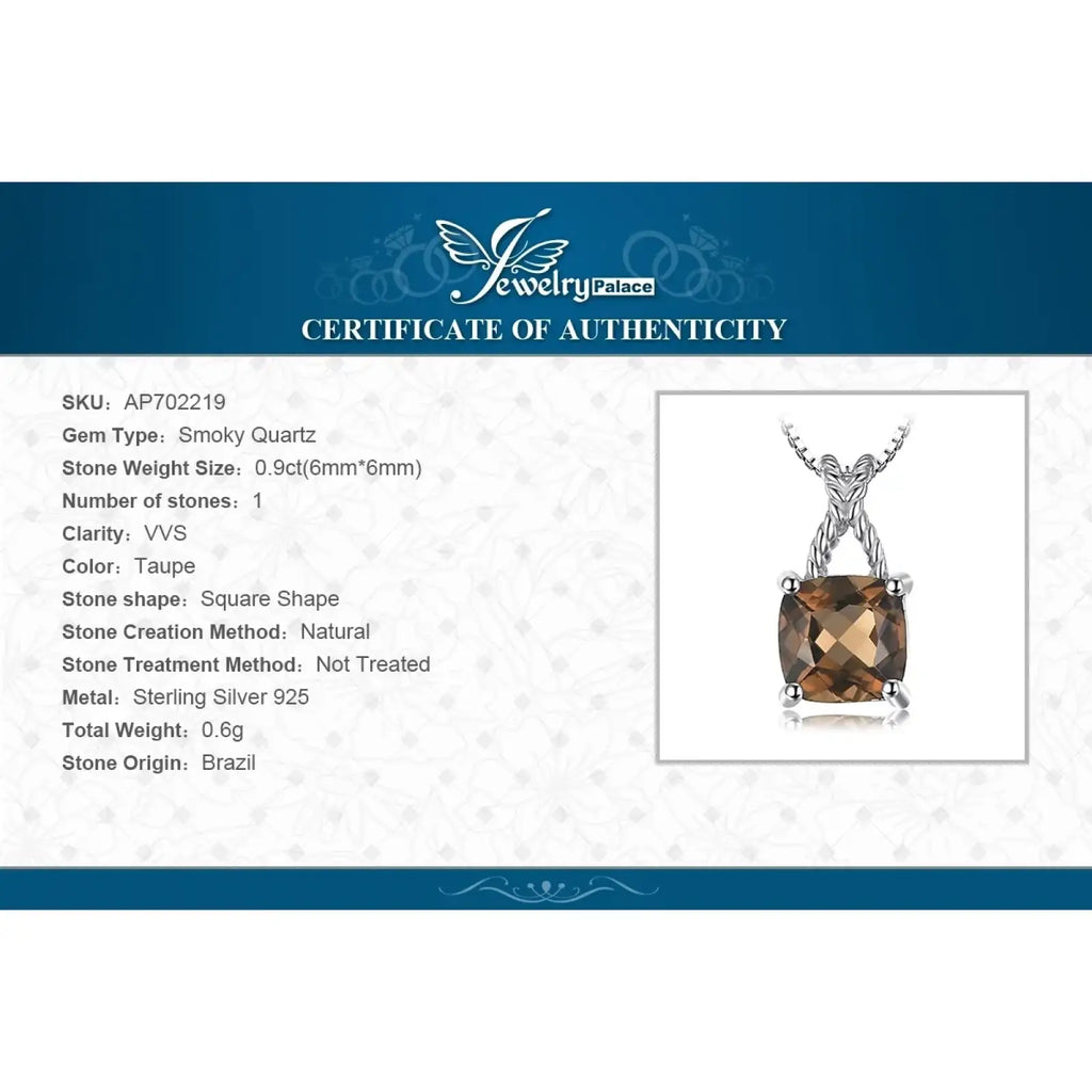 A square-cut smoky quartz pendant necklace in sterling silver 925 with a twisted chain and four prong setting