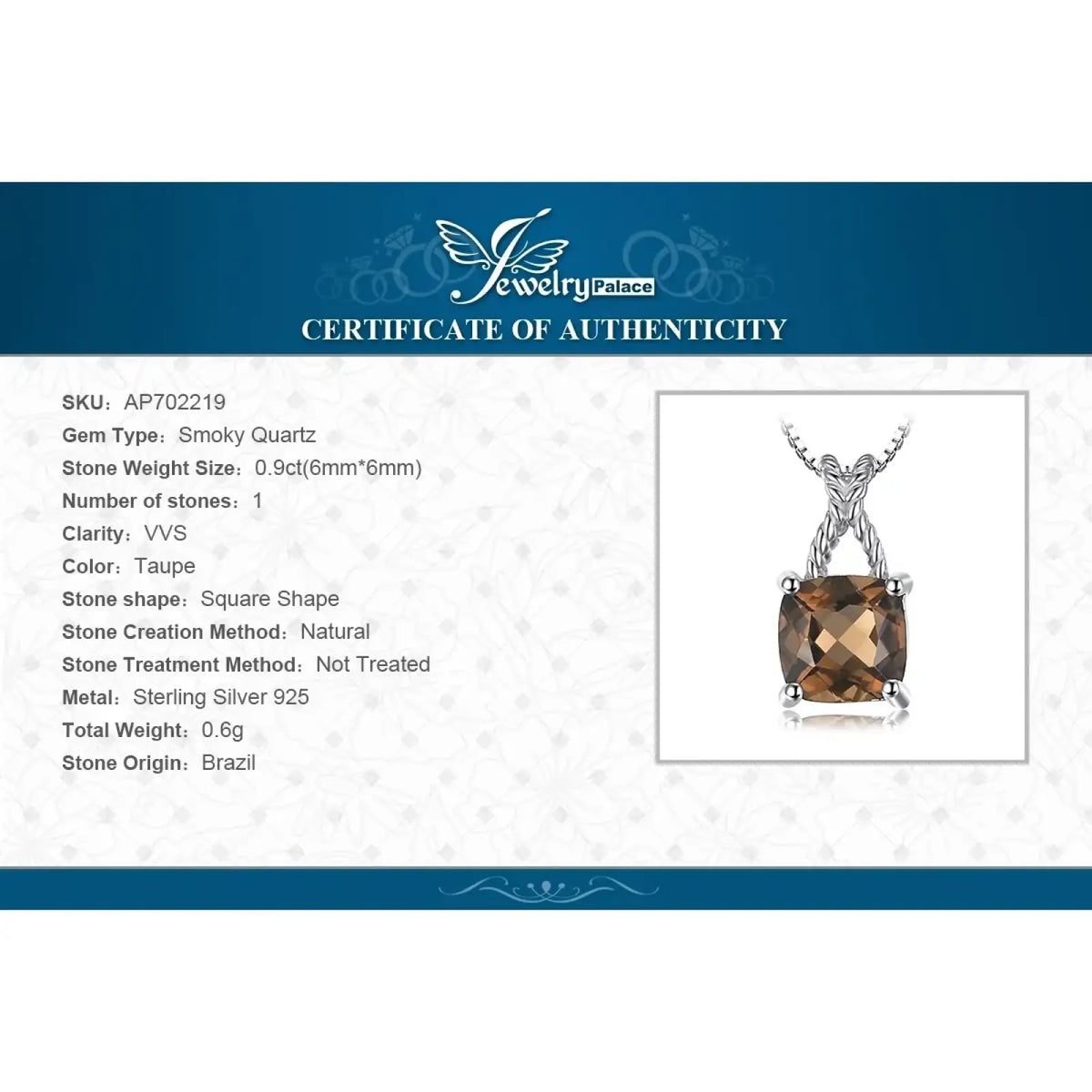 A square-cut smoky quartz pendant necklace in sterling silver 925 with a twisted chain and four prong setting