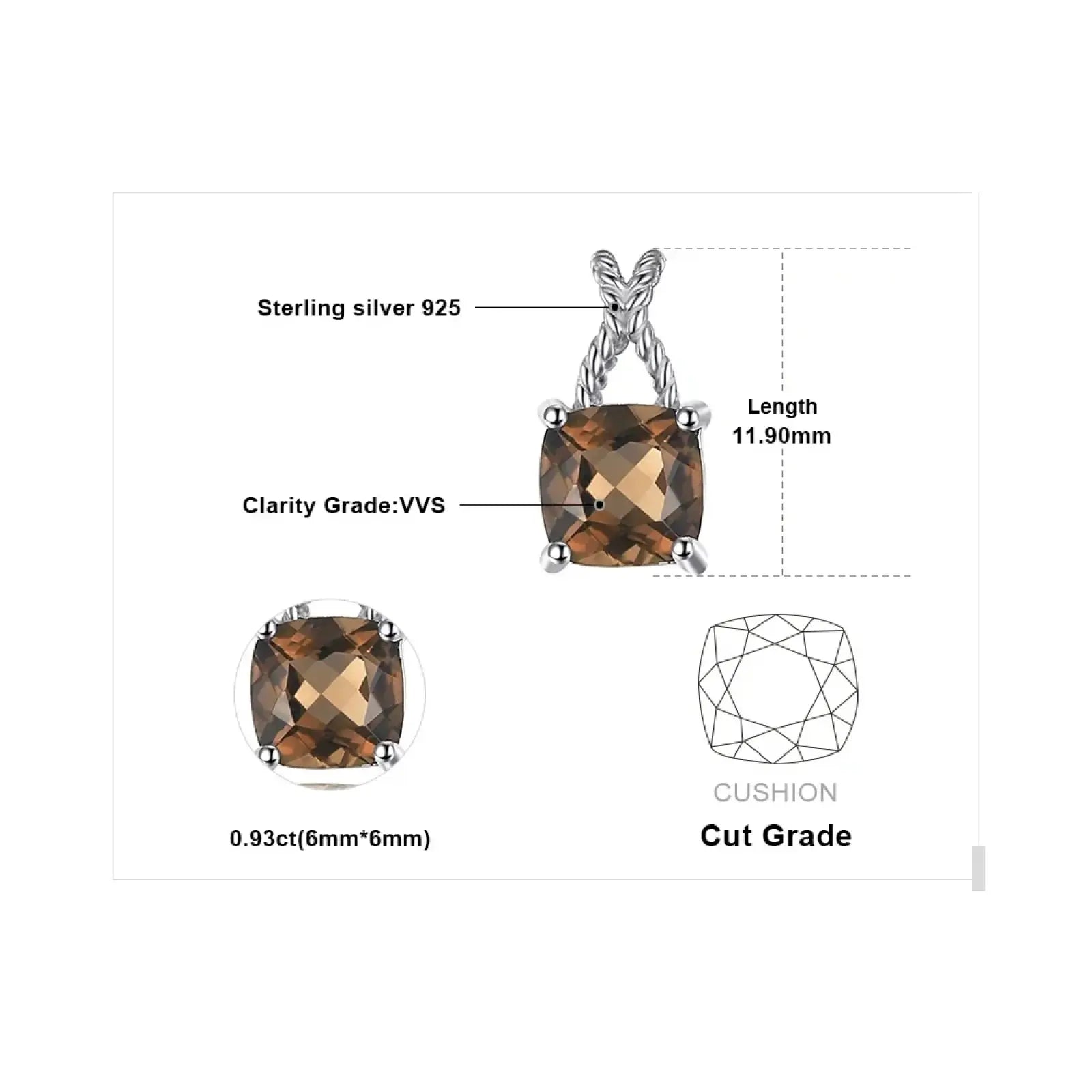 A square-cut smoky quartz pendant necklace set in sterling silver 925 with a twisted wire bail