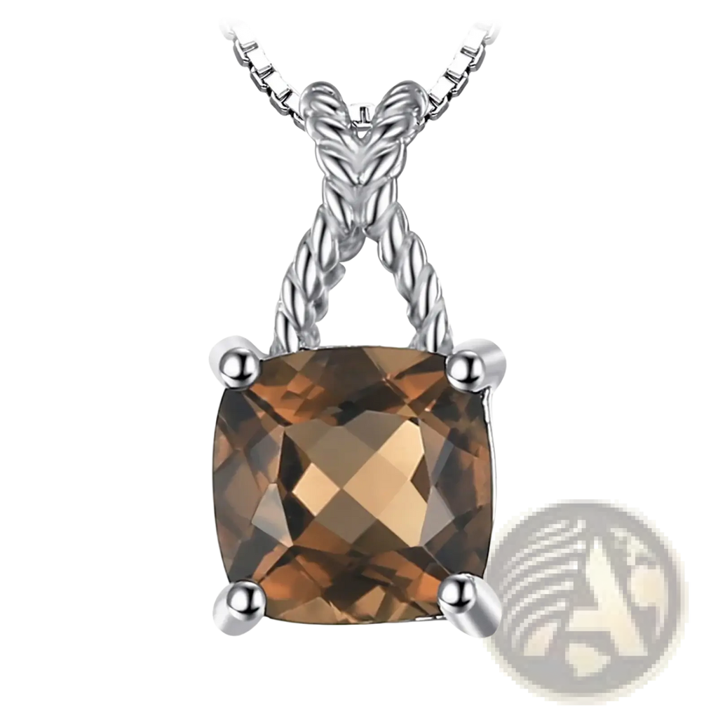 Square-cut smoky quartz pendant necklace set in sterling 925 silver with four prongs on a twisted silver chain