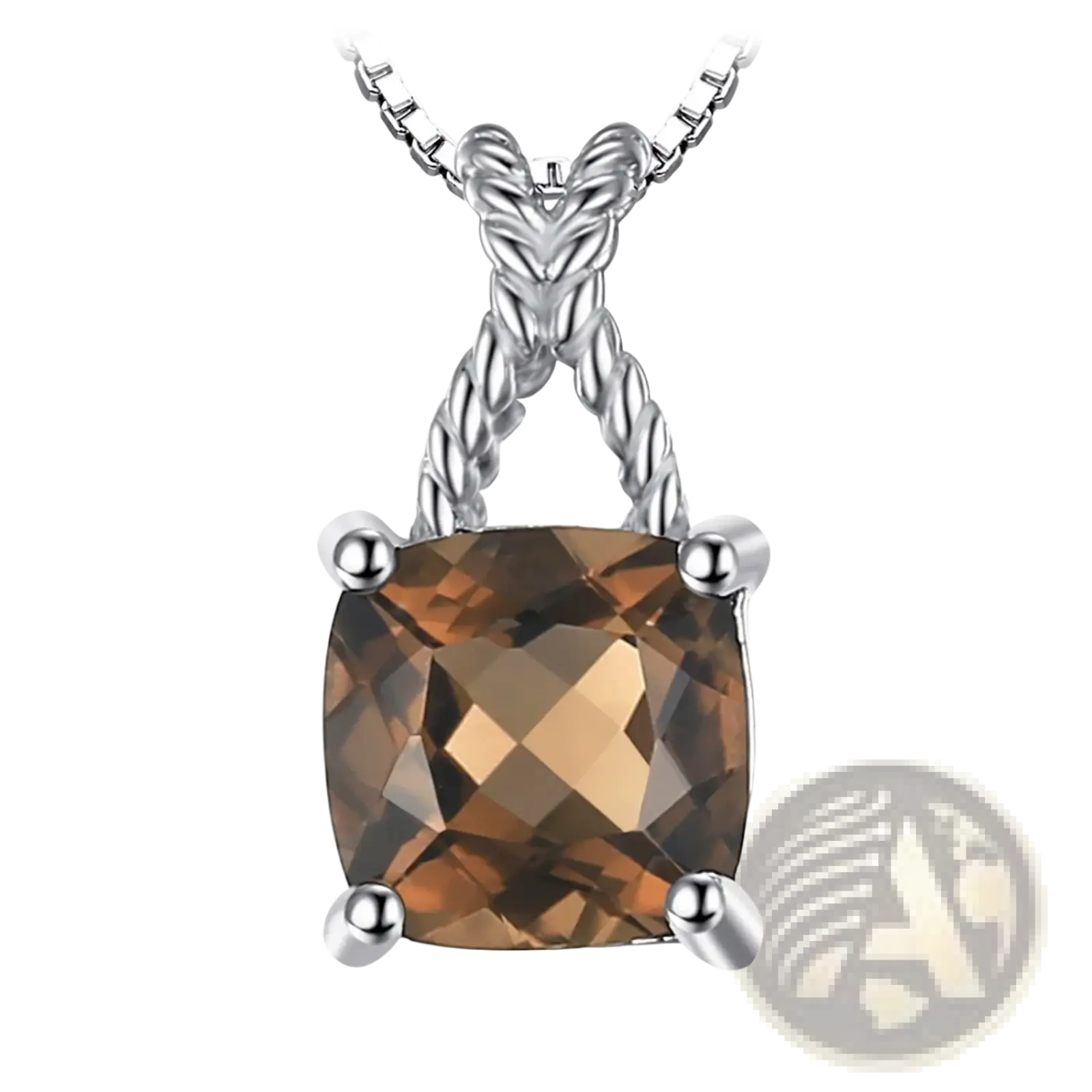 Square-cut smoky quartz pendant necklace set in sterling 925 silver with four prongs on a twisted silver chain