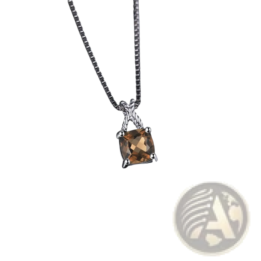 A sterling silver pendant necklace with a square-cut warm amber gemstone and intricate twisted bail on a box chain