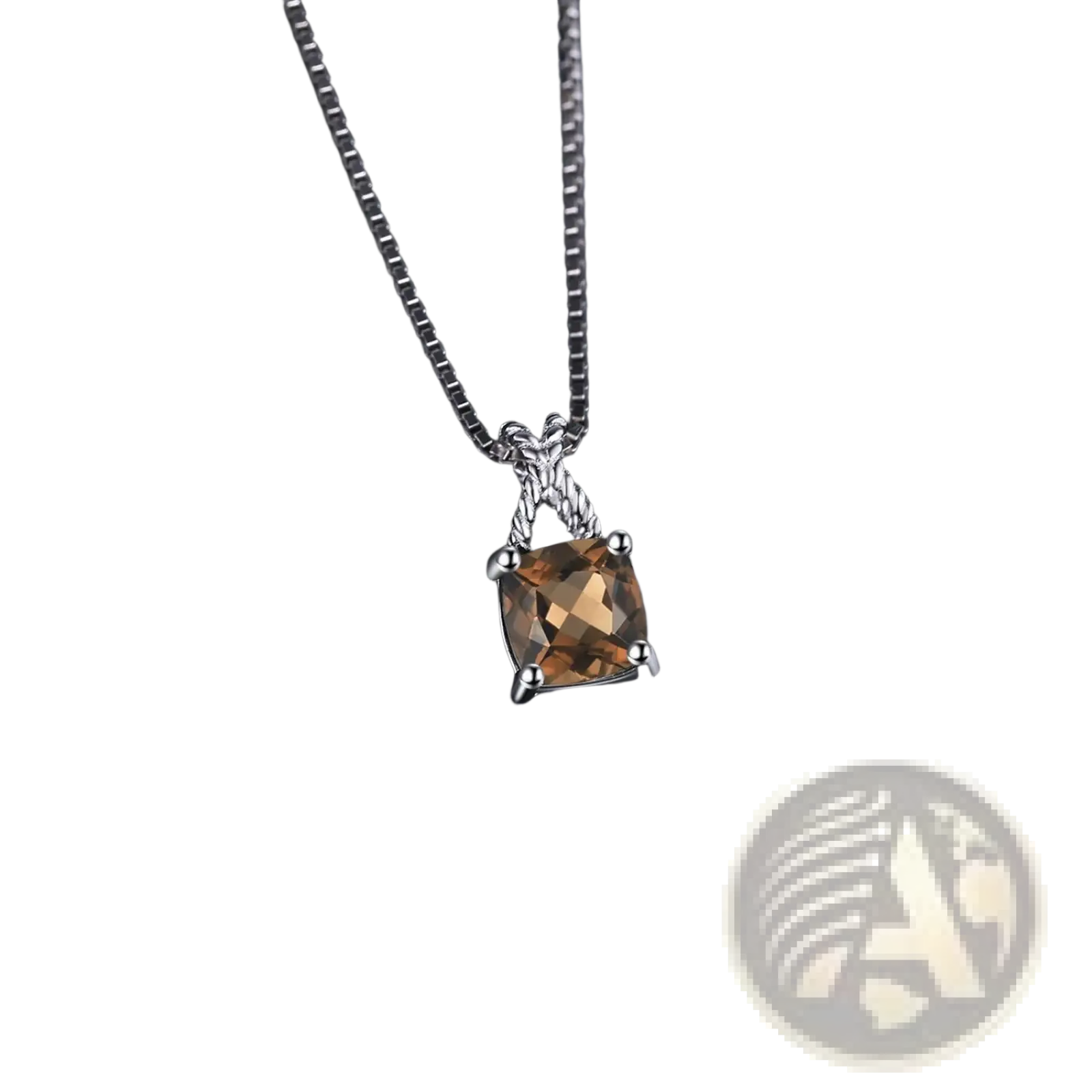 A sterling silver pendant necklace with a square-cut warm amber gemstone and intricate twisted bail on a box chain
