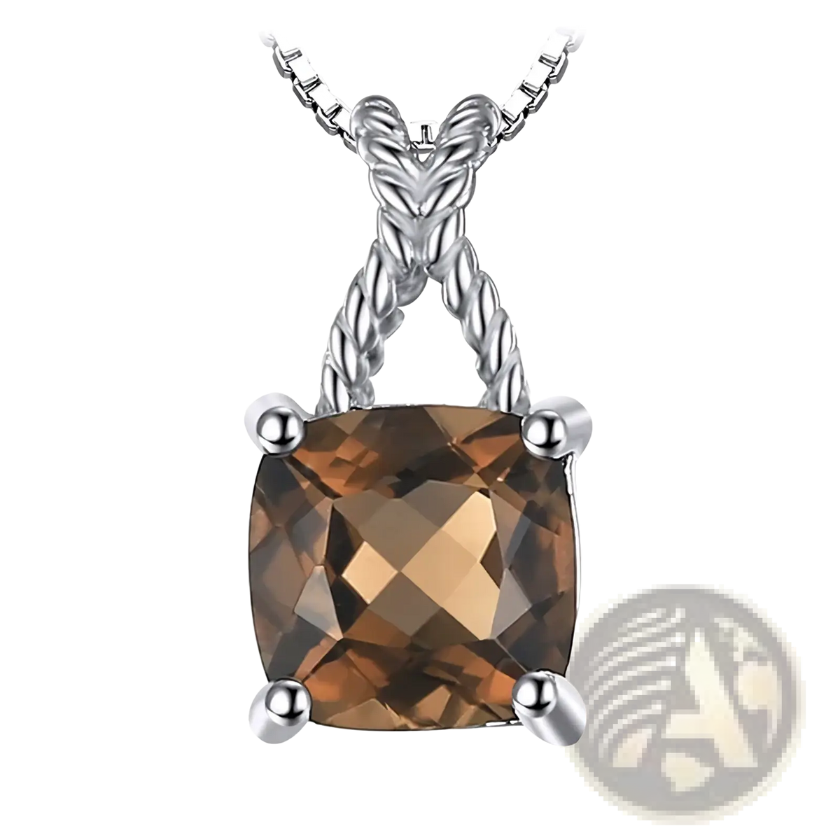 Smoky quartz sterling silver pendant necklace with a square-cut smoky quartz stone and twisted rope chain detailing
