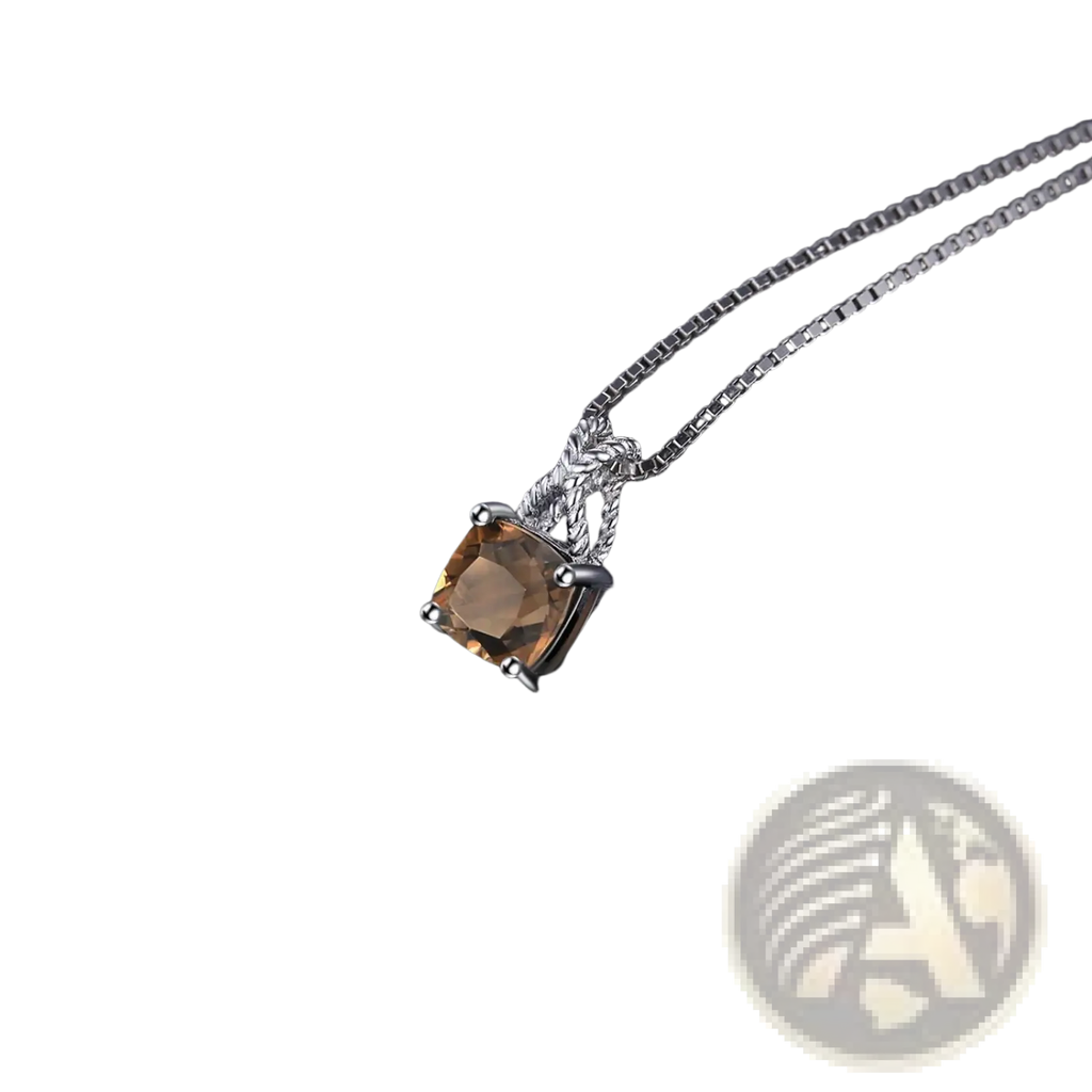A sterling silver pendant necklace with a square-cut amber-hued smoky quartz in a twisted wire design