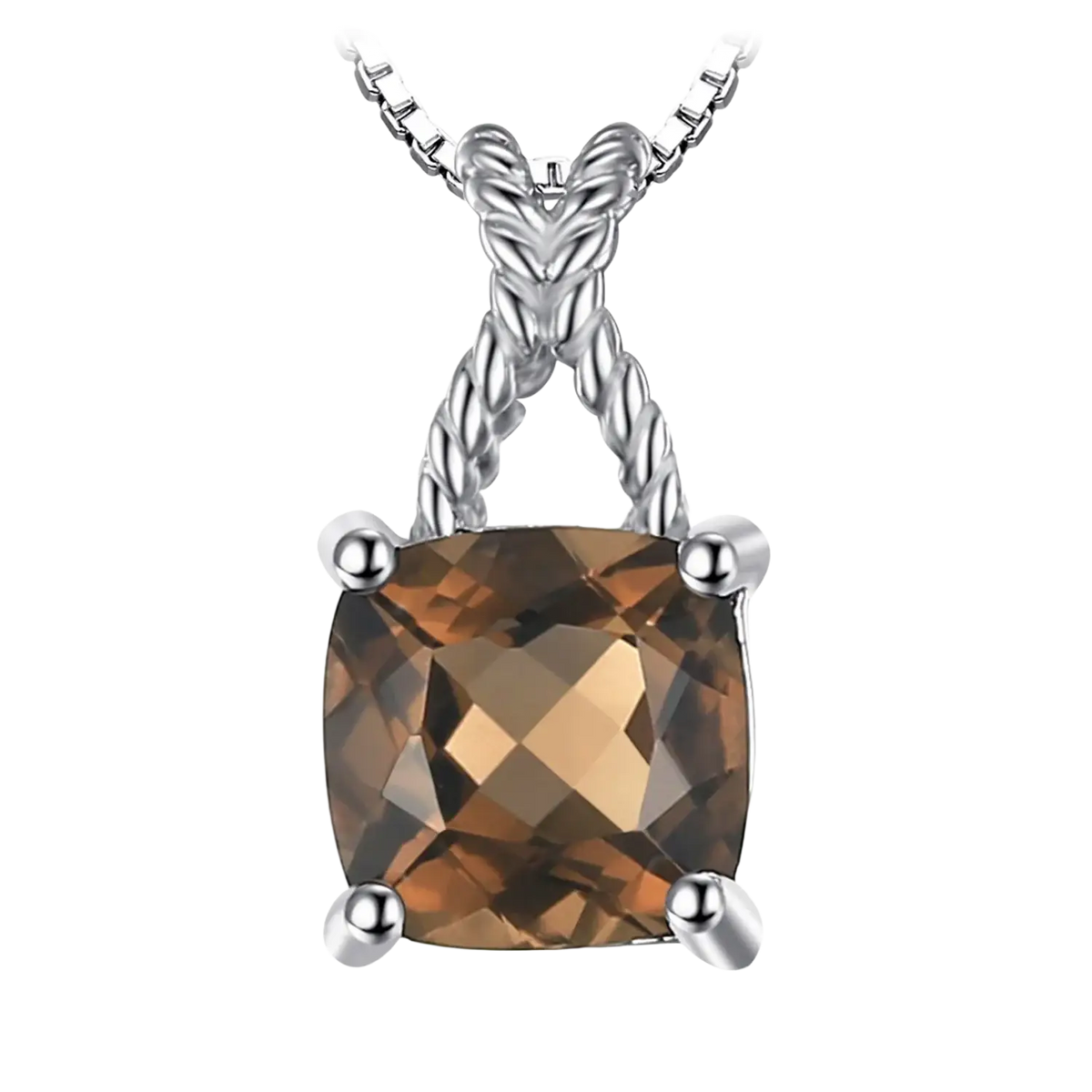Square-cut smoky quartz pendant necklace set in sterling 925 silver with four prongs on a twisted silver chain