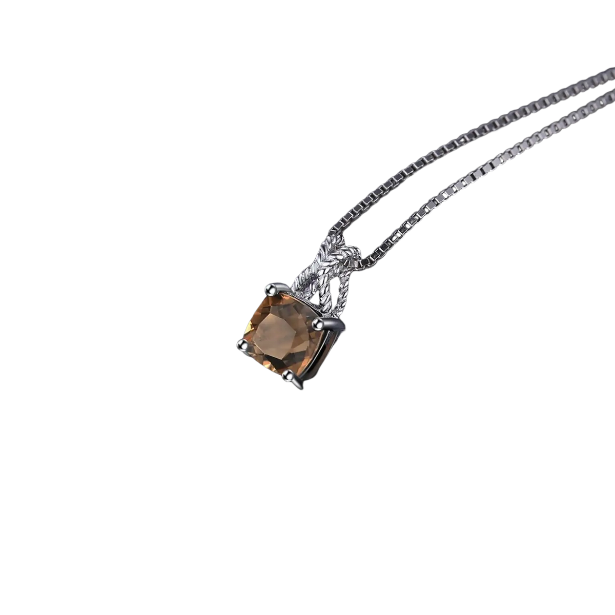 A sterling silver pendant necklace with a square-cut amber-hued smoky quartz in a twisted wire design