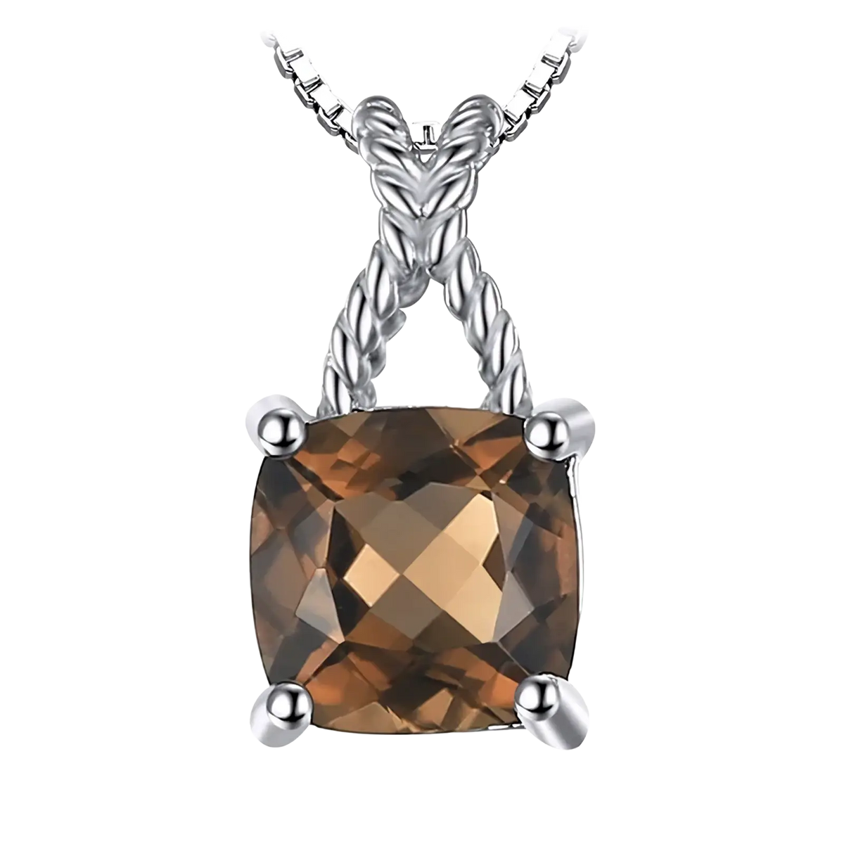 Smoky quartz sterling silver pendant necklace with a square-cut smoky quartz stone and twisted rope chain detailing