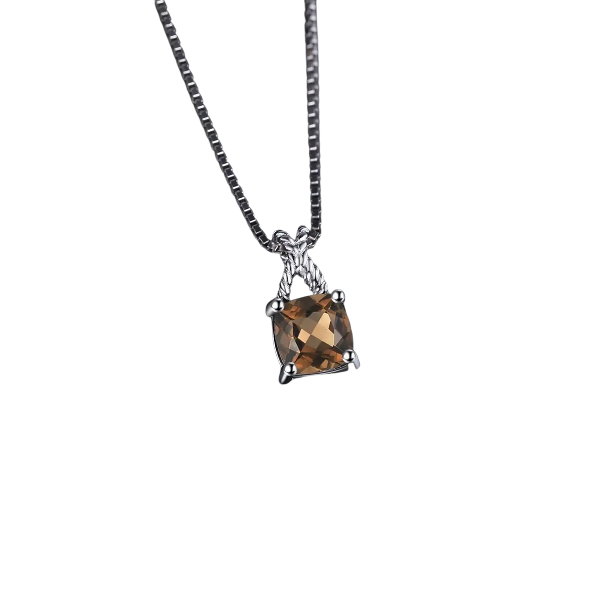 A sterling silver pendant necklace with a square-cut warm amber gemstone and intricate twisted bail on a box chain