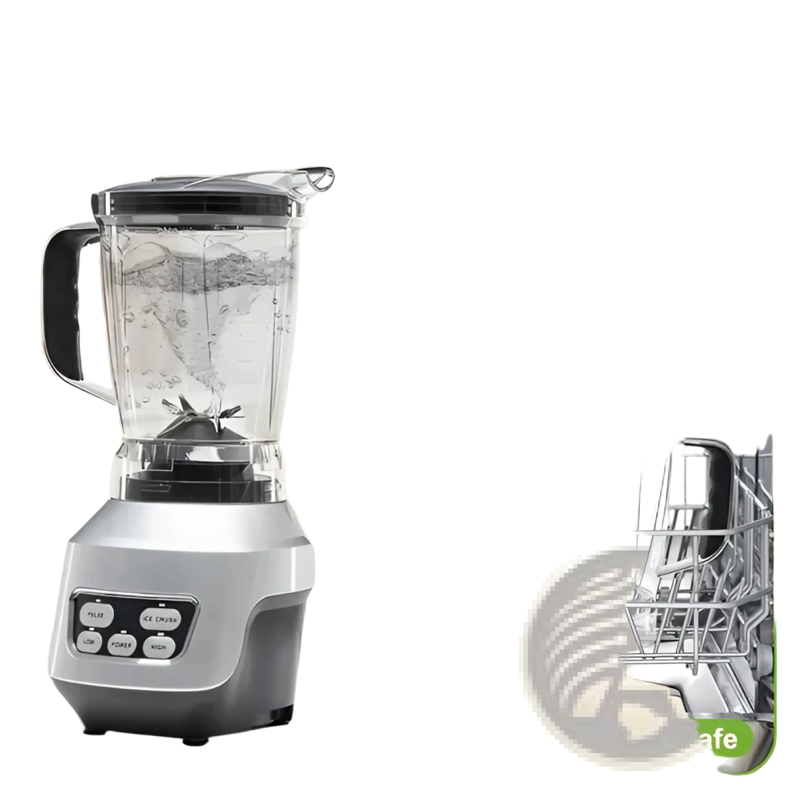 Silver smoothie blender 1200w professional countertop maker with clear glass pitcher, black lid, self-cleaning and dishwasher-safe parts