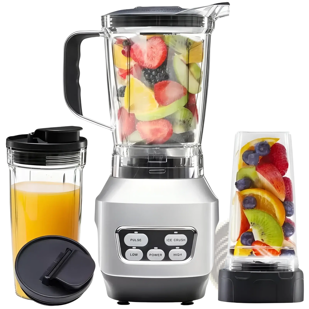 Silver and black smoothie blender 1200w professional countertop maker with clear pitcher filled with chopped fruit and speed settings