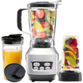 Silver and black smoothie blender 1200w professional countertop maker with clear pitcher filled with chopped fruit and speed settings