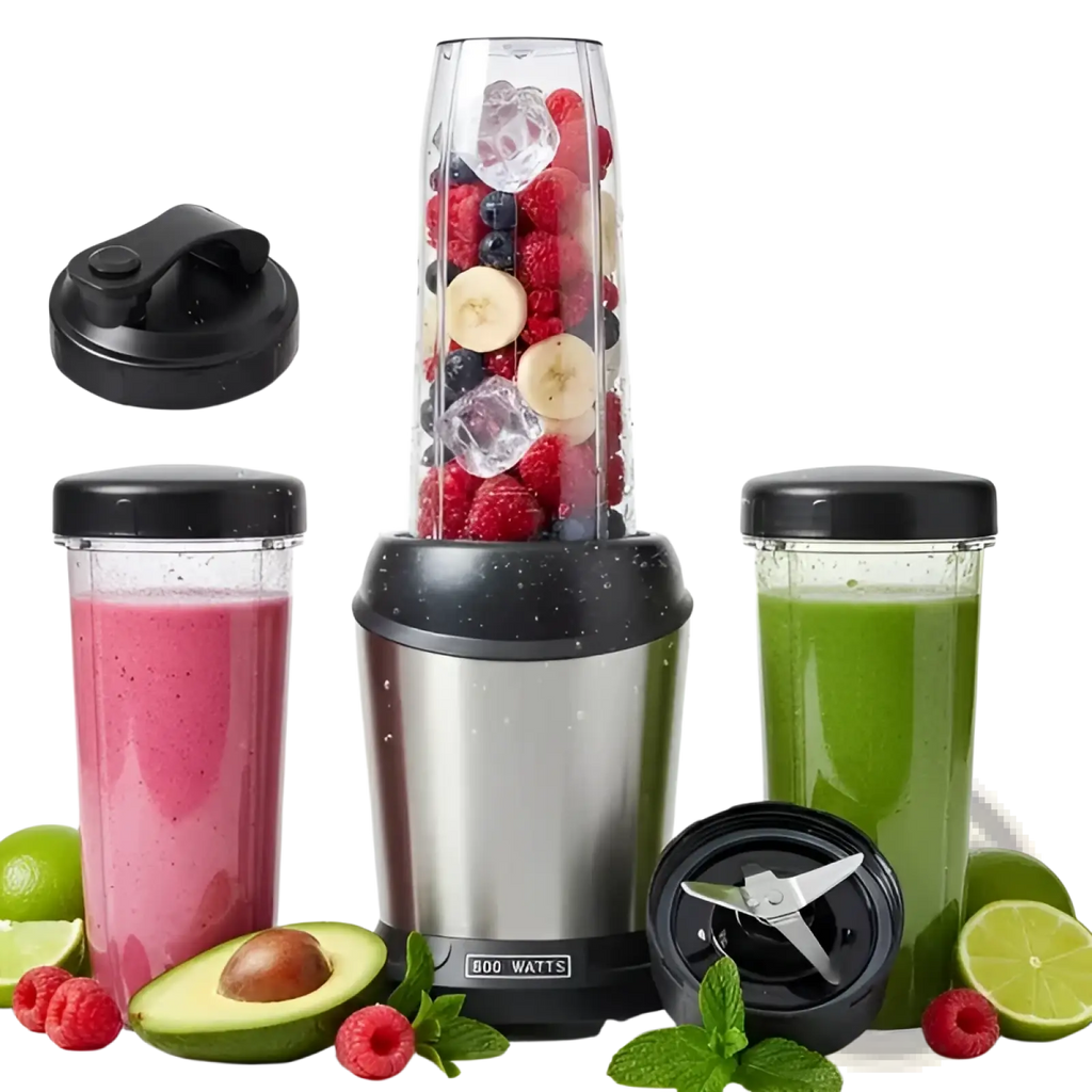 Silver stainless steel smoothie blender 1200w with black accents and clear cup filled with fresh berries and banana slices