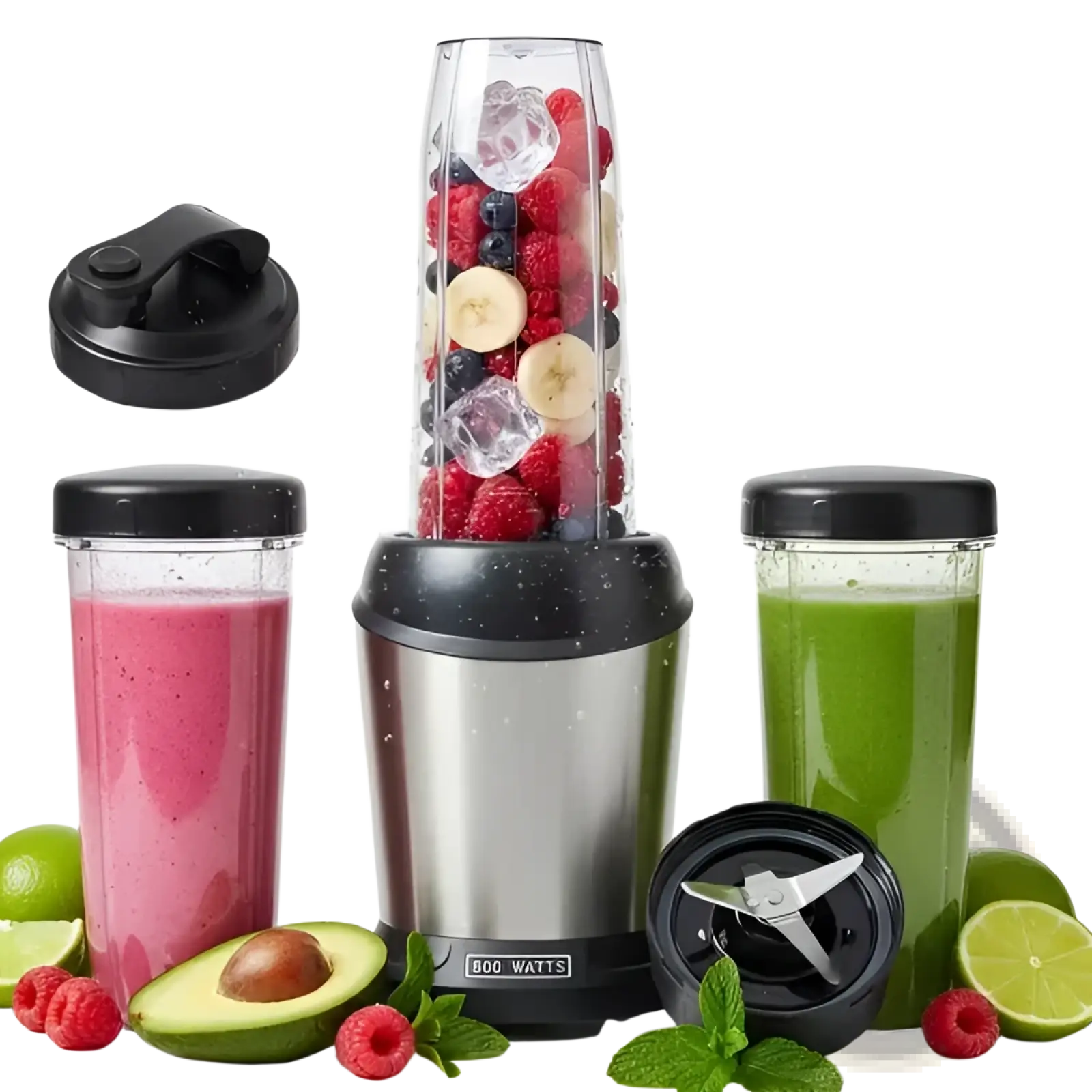 Silver stainless steel smoothie blender 1200w with black accents and clear cup filled with fresh berries and banana slices