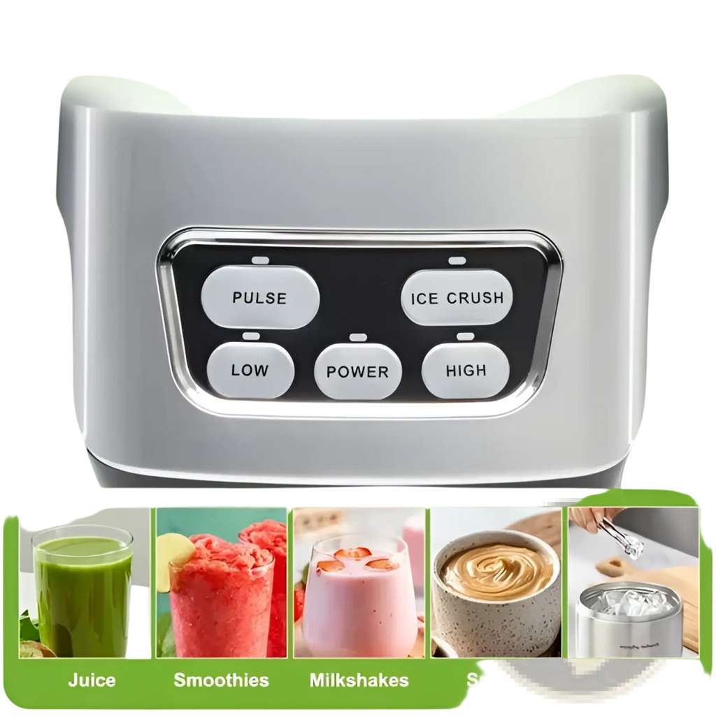 Silver stainless steel smoothie blender 1200w professional countertop maker with six labeled control buttons for settings