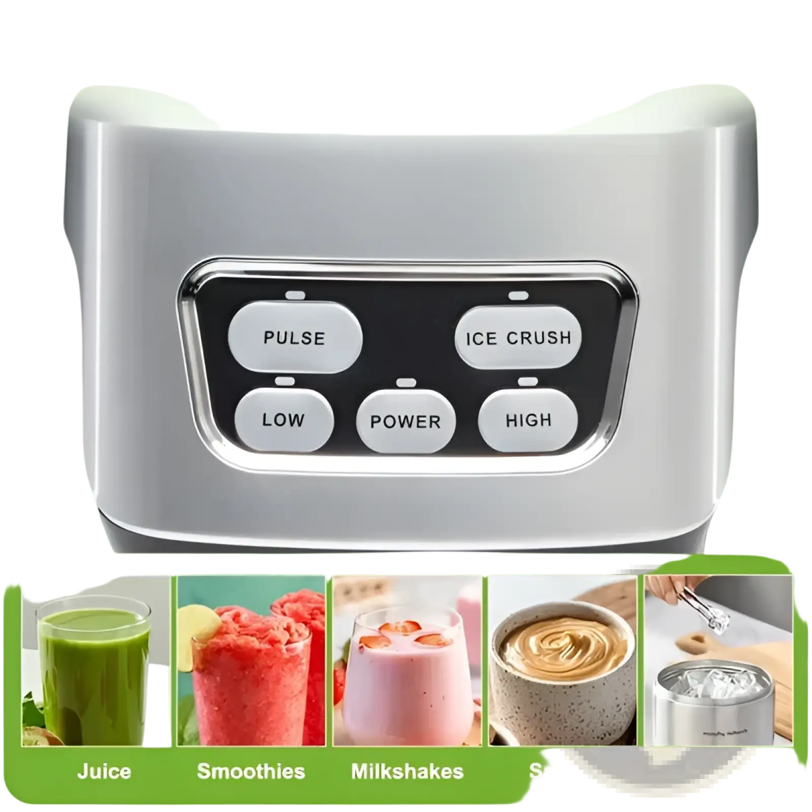 Silver stainless steel smoothie blender 1200w professional countertop maker with six labeled control buttons for settings