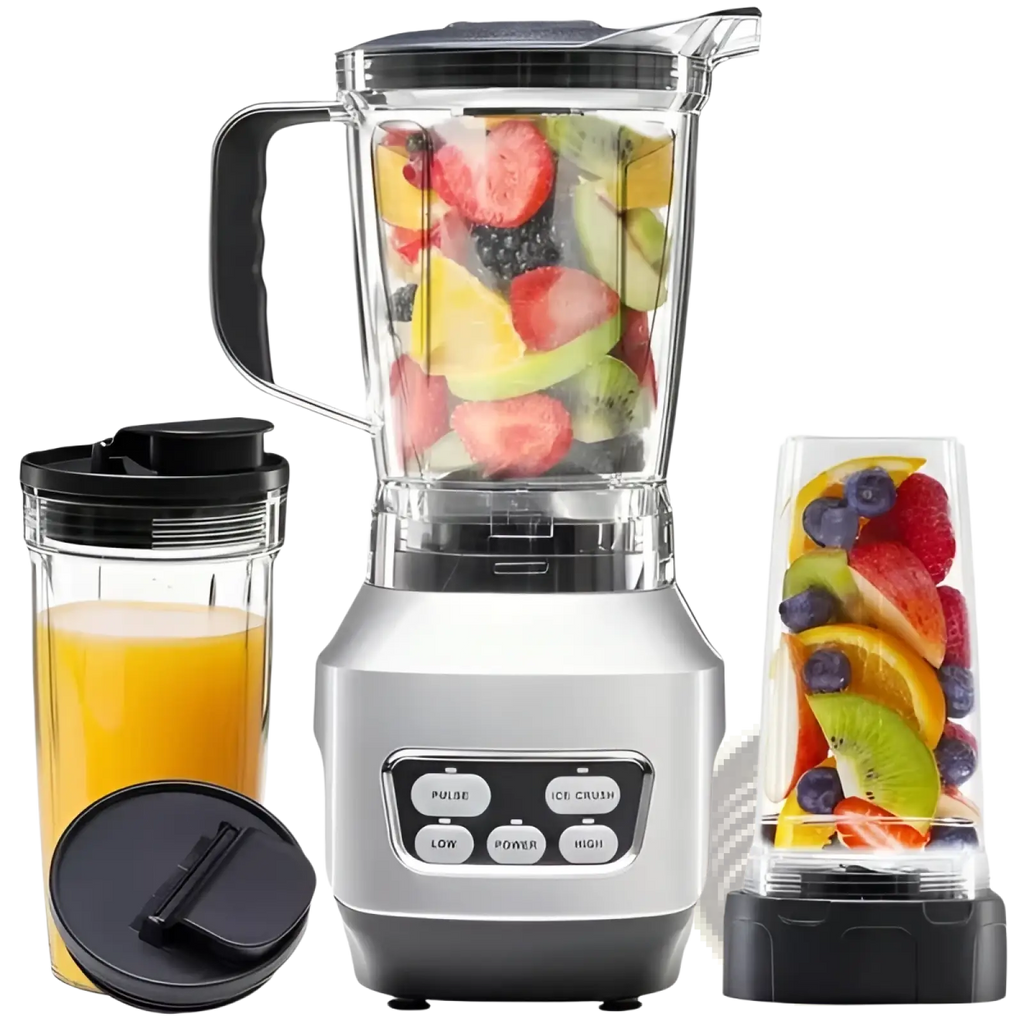 Silver and black smoothie blender with clear glass pitcher filled with chopped fruit and multiple speed settings