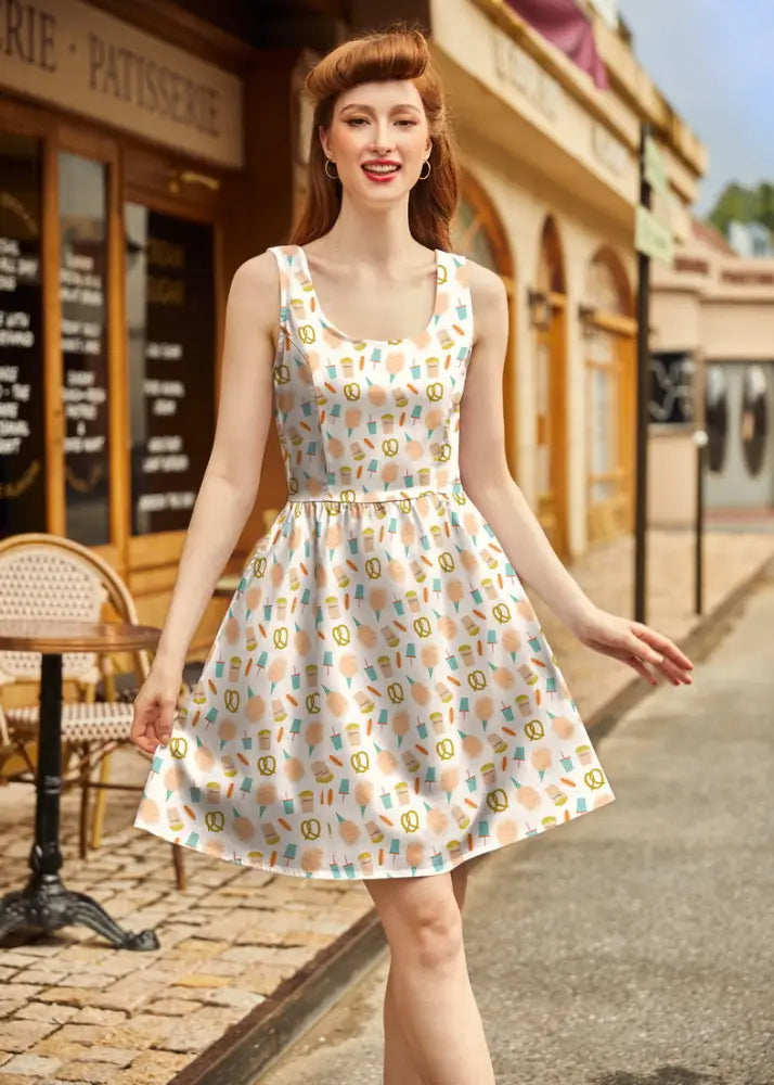 A sleeveless knee-length vintage carnival snacks fit and flare cotton dress in soft cream with pastel ice cream and pretzel pattern
