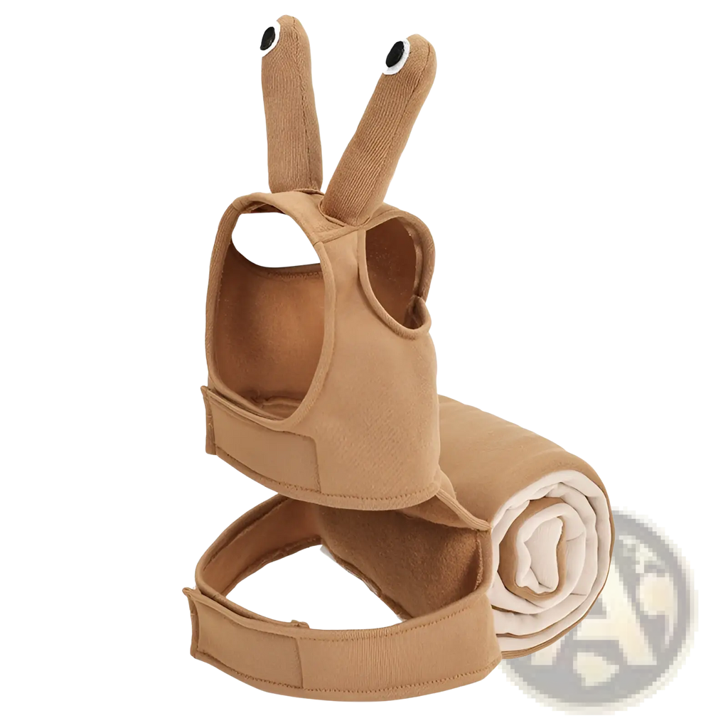 Tan plush snail-shaped baby walker with embroidered black and white eyes in snail dog costume halloween pet apparel