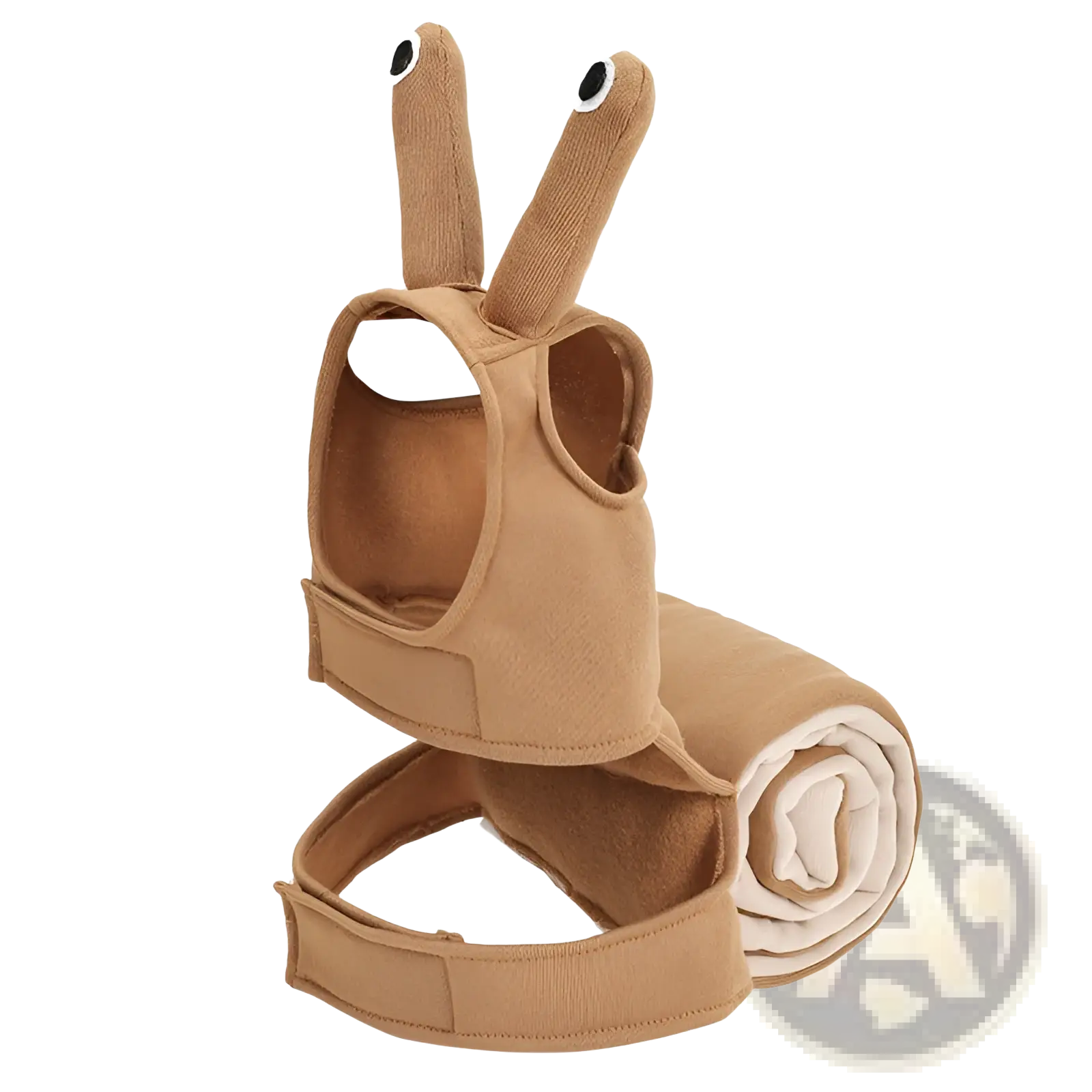 Tan plush snail-shaped baby walker with embroidered black and white eyes in snail dog costume halloween pet apparel