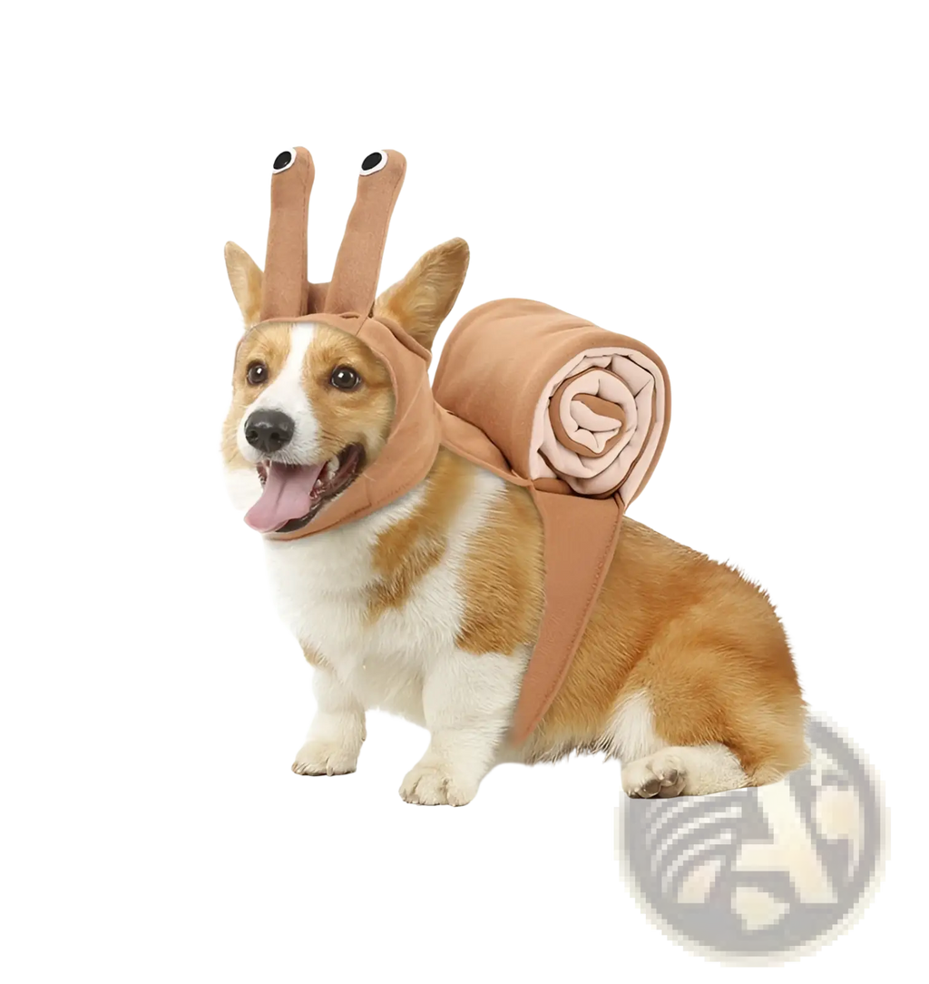Tan fabric snail dog costume with two antennae and rolled-up shell attached on the back for halloween pet apparel