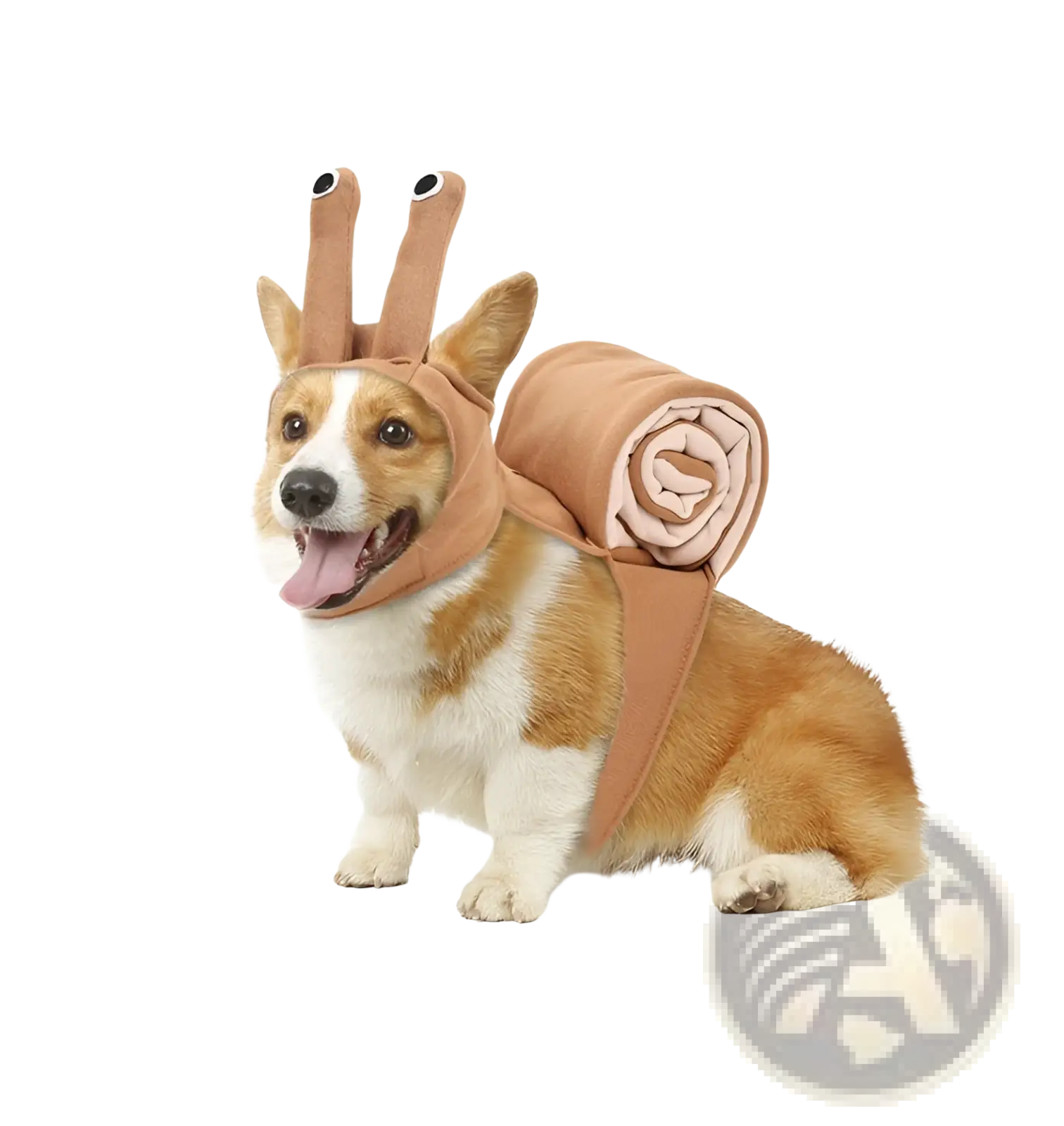 Tan fabric snail dog costume with two antennae and rolled-up shell attached on the back for halloween pet apparel