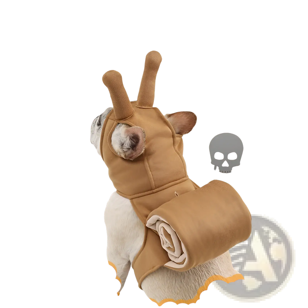 Tan plush snail dog costume with ear-like protrusions and rolled-up fabric section for halloween pet apparel