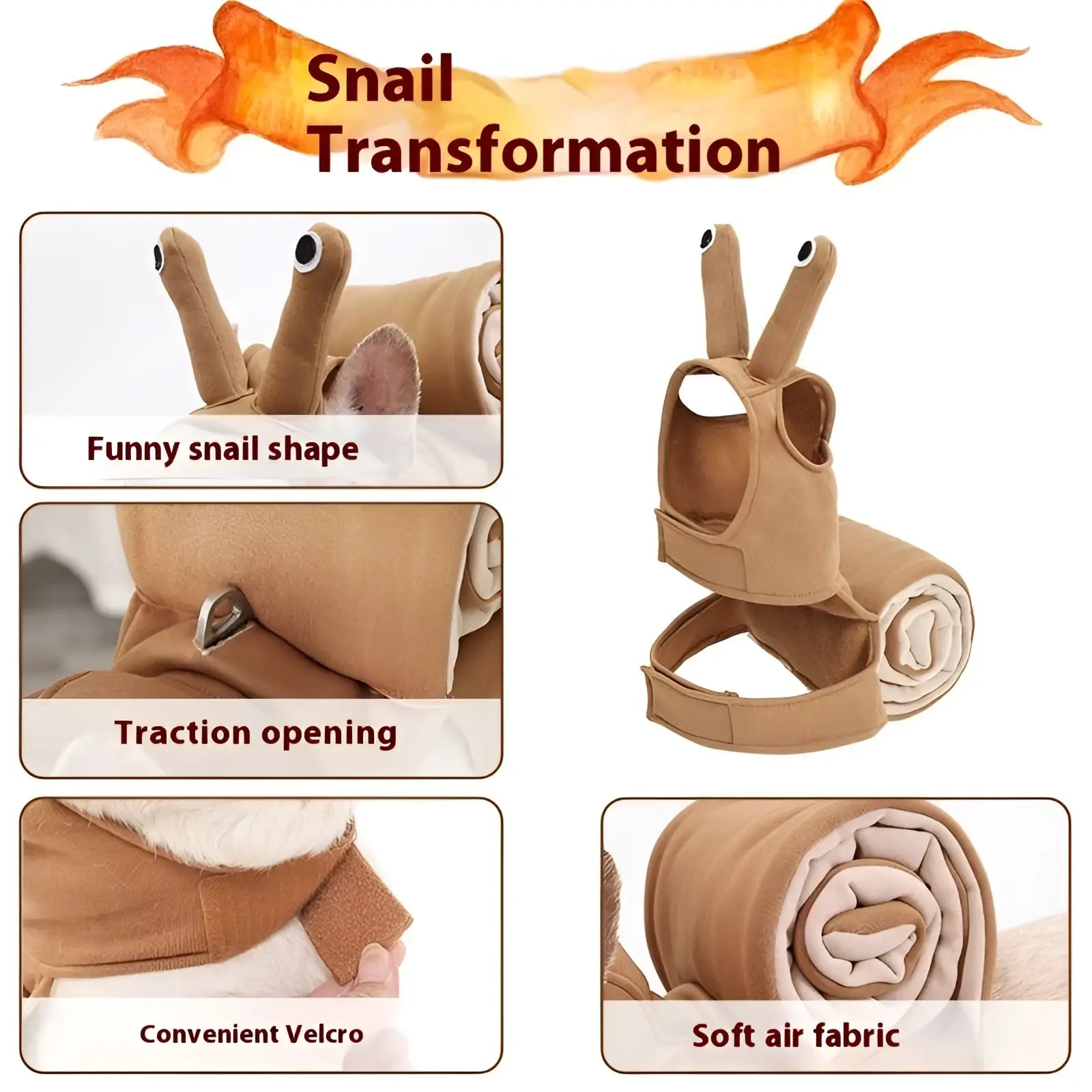 Tan plush snail-shaped pet vest with soft air fabric and velcro closures for halloween dog costume apparel
