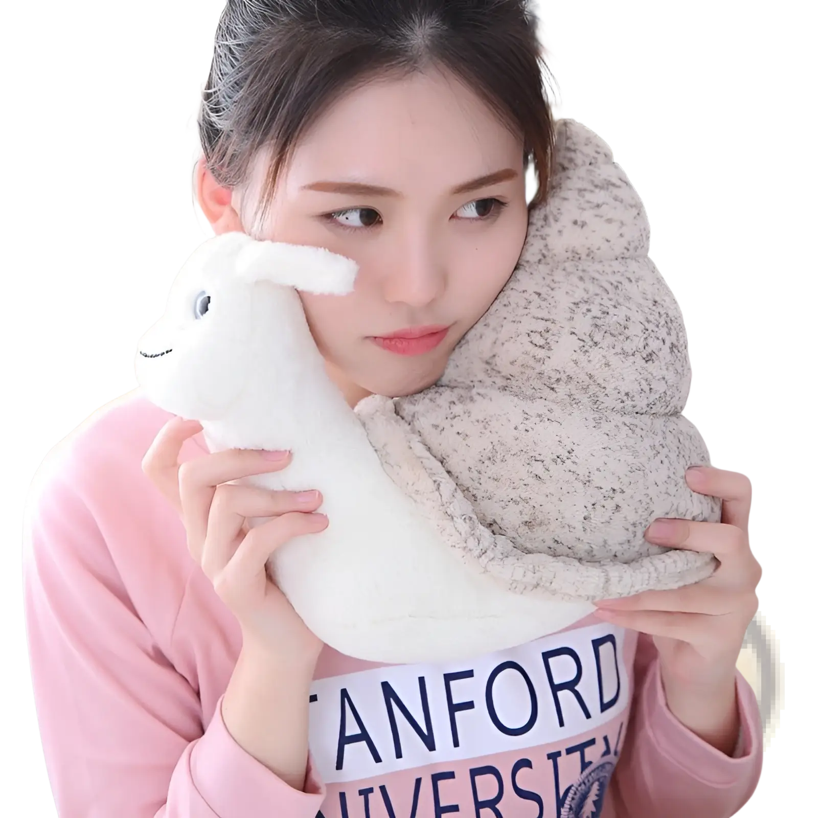 White plush snail plush toy with soft stuffed animal body, textured gray shell, and embroidered facial features