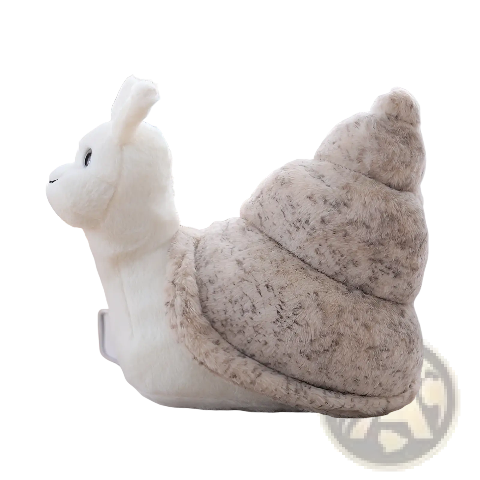 A soft stuffed animal snail plush toy featuring a plush white body and a speckled beige shell for decoration or play