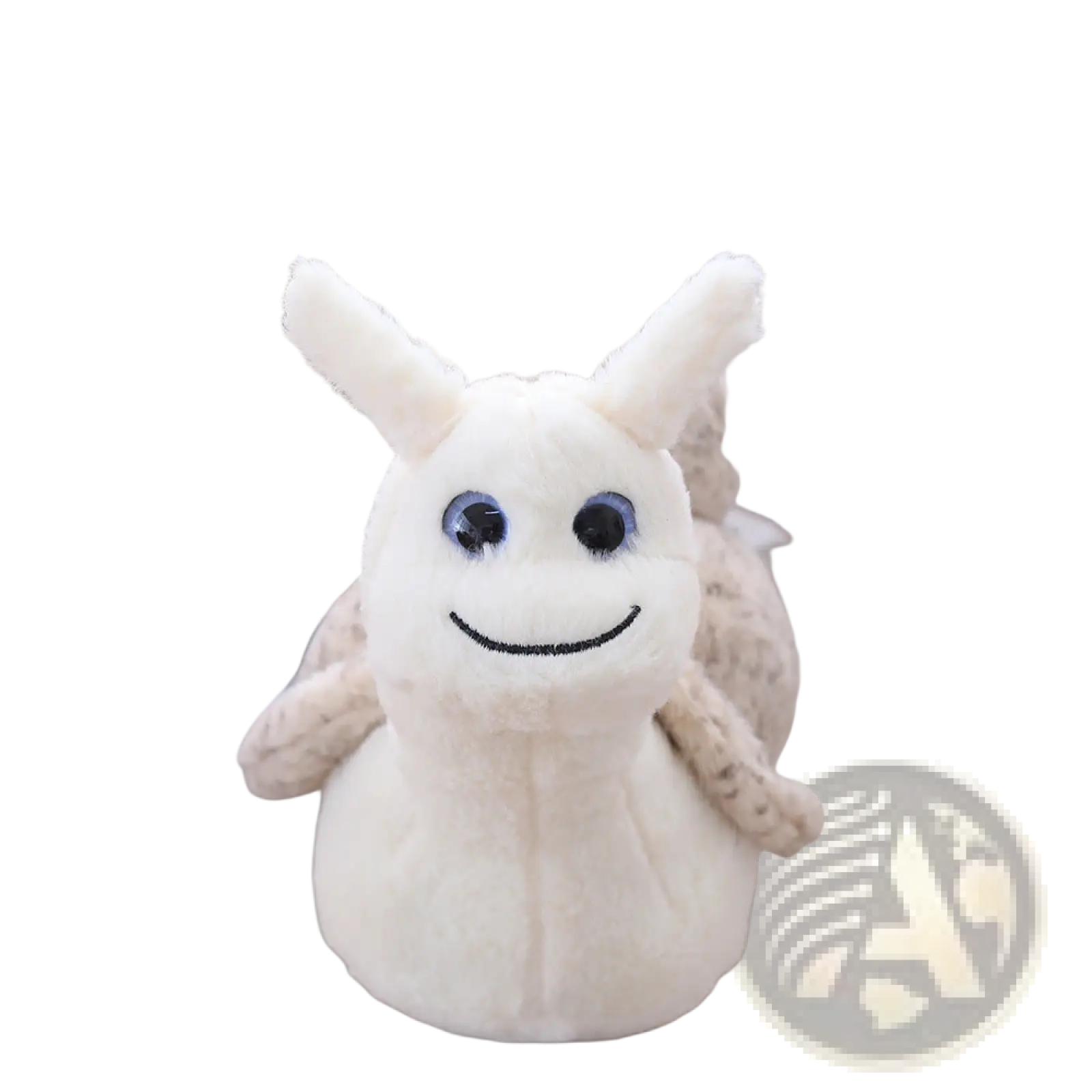 Snail plush toy soft stuffed animal with a soft white body, blue eyes, smiling face, and textured beige shell