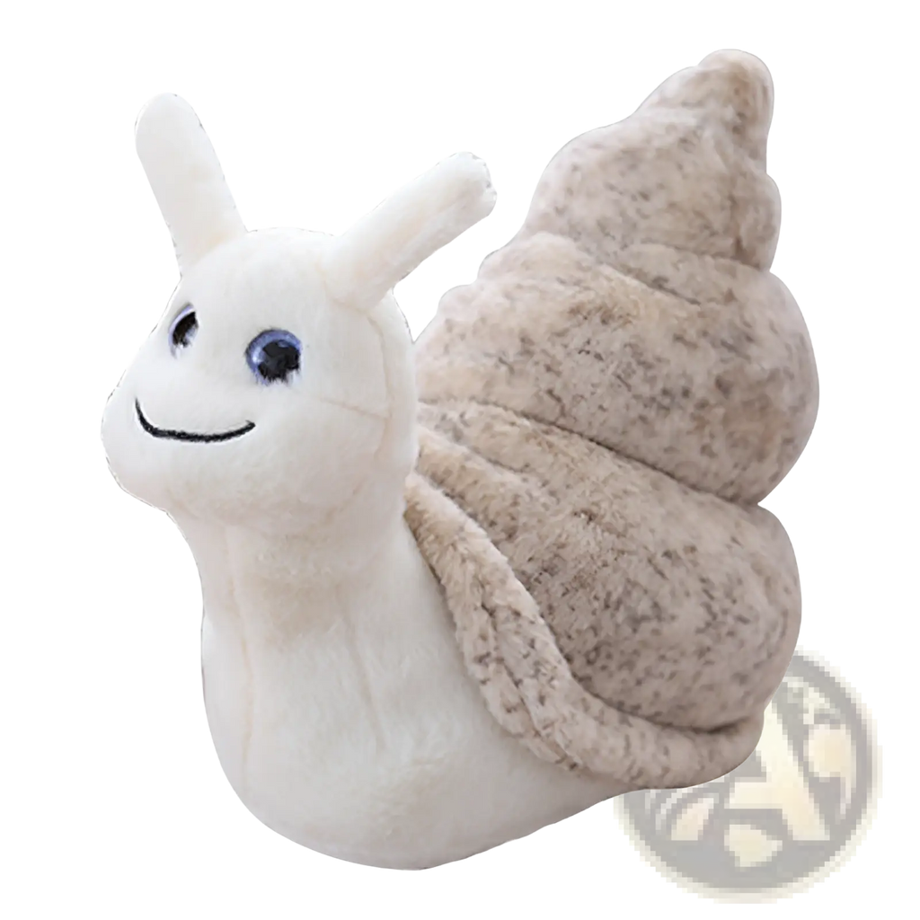 Snail plush toy soft stuffed animal with a soft white body, speckled beige shell, and blue embroidered eyes