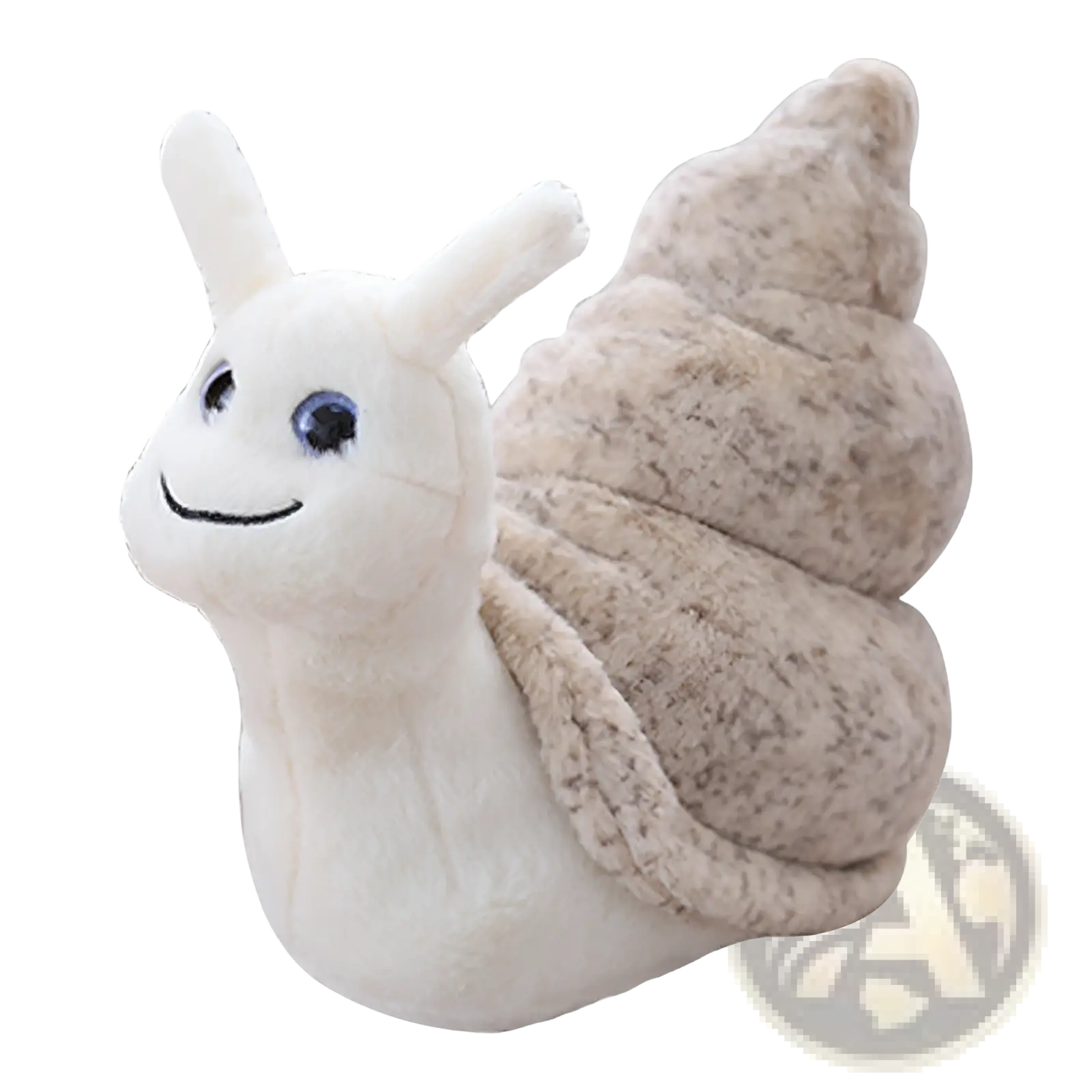 Snail plush toy soft stuffed animal with a soft white body, speckled beige shell, and blue embroidered eyes