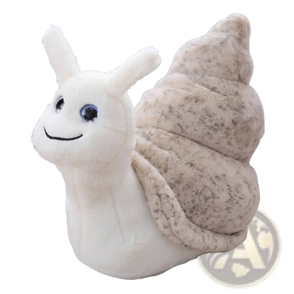 Snail plush toy soft stuffed animal with white plush body, blue eyes, smiling face, and textured beige shell