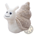 Snail plush toy soft stuffed animal with white plush body, blue eyes, smiling face, and textured beige shell