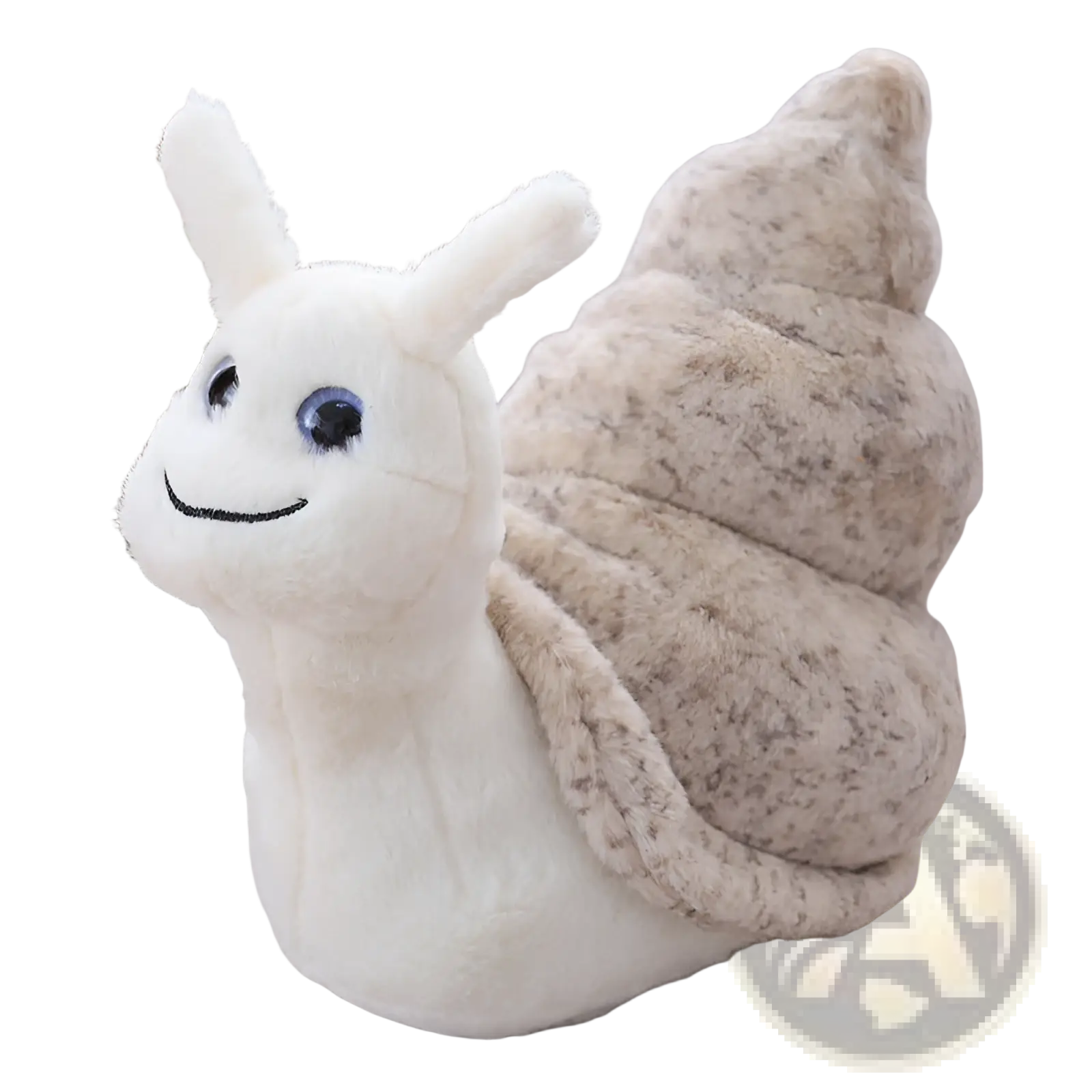 Snail plush toy soft stuffed animal with white plush body, blue eyes, smiling face, and textured beige shell