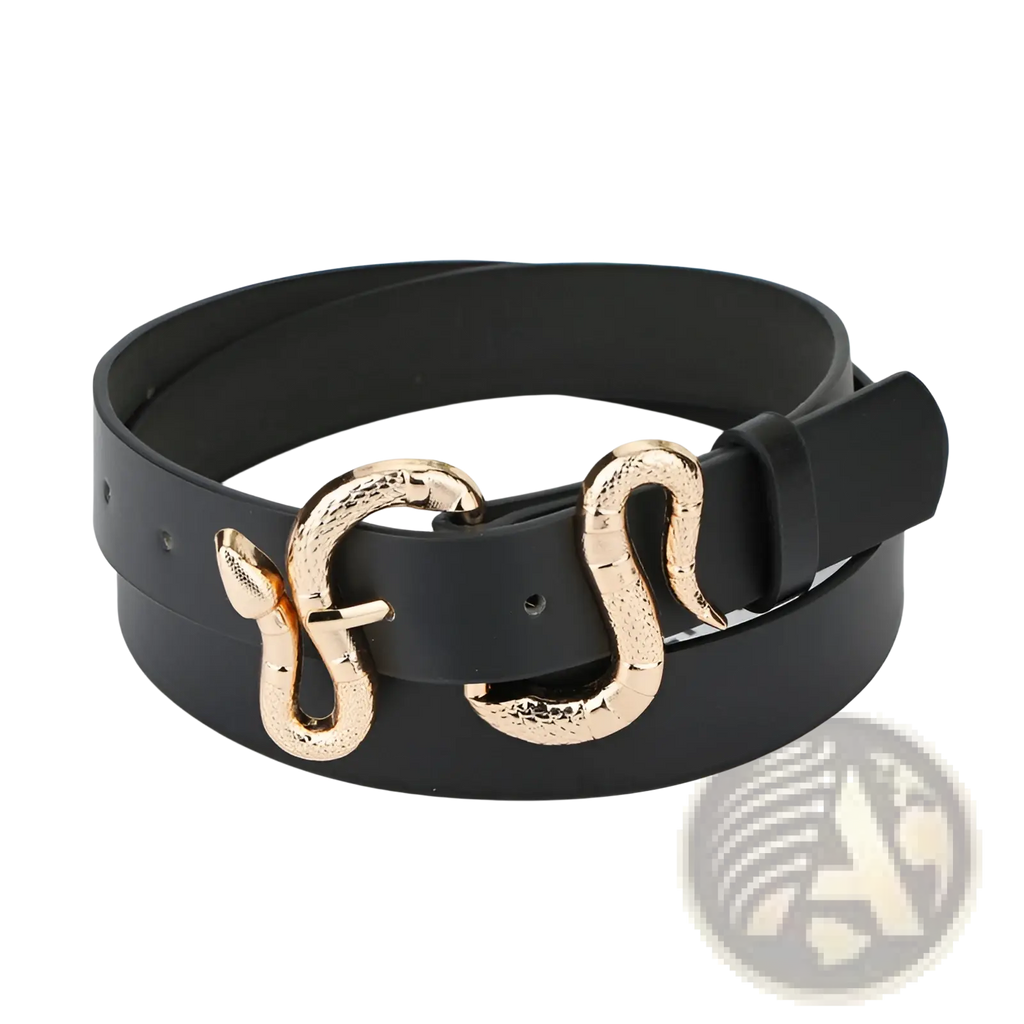 Black pu leather belt with a gold-toned snake-shaped buckle featuring textured scales for stylish wear