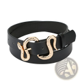 Black pu leather belt with a gold-toned snake-shaped buckle featuring textured scales for stylish wear