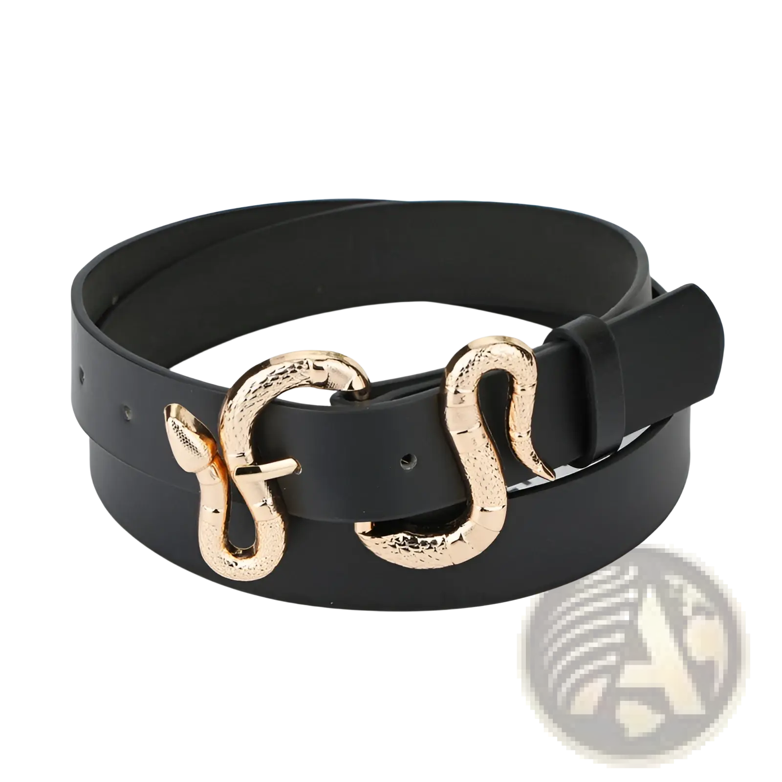 Black pu leather belt with a gold-toned snake-shaped buckle featuring textured scales for stylish wear