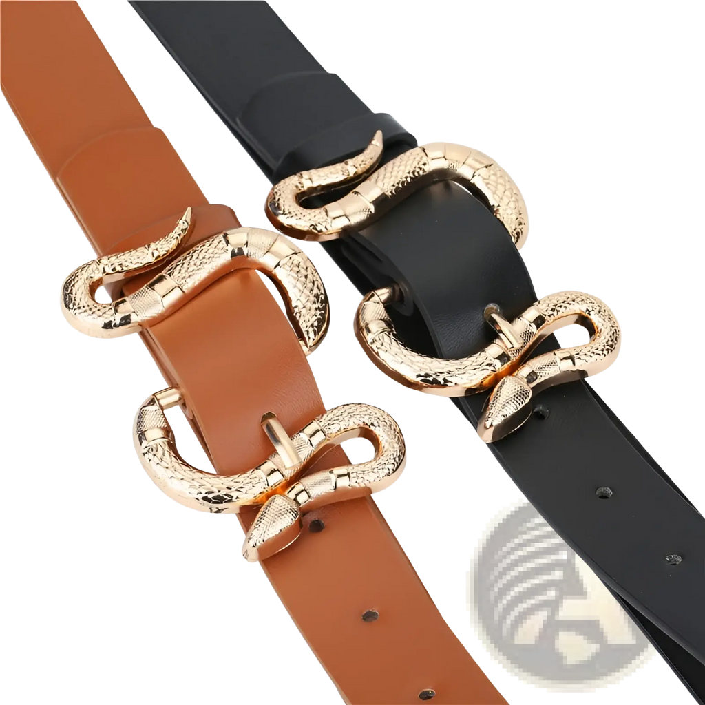 Snake buckle pu leather belts featuring gold-toned snake-shaped textured buckles on brown and black leather straps