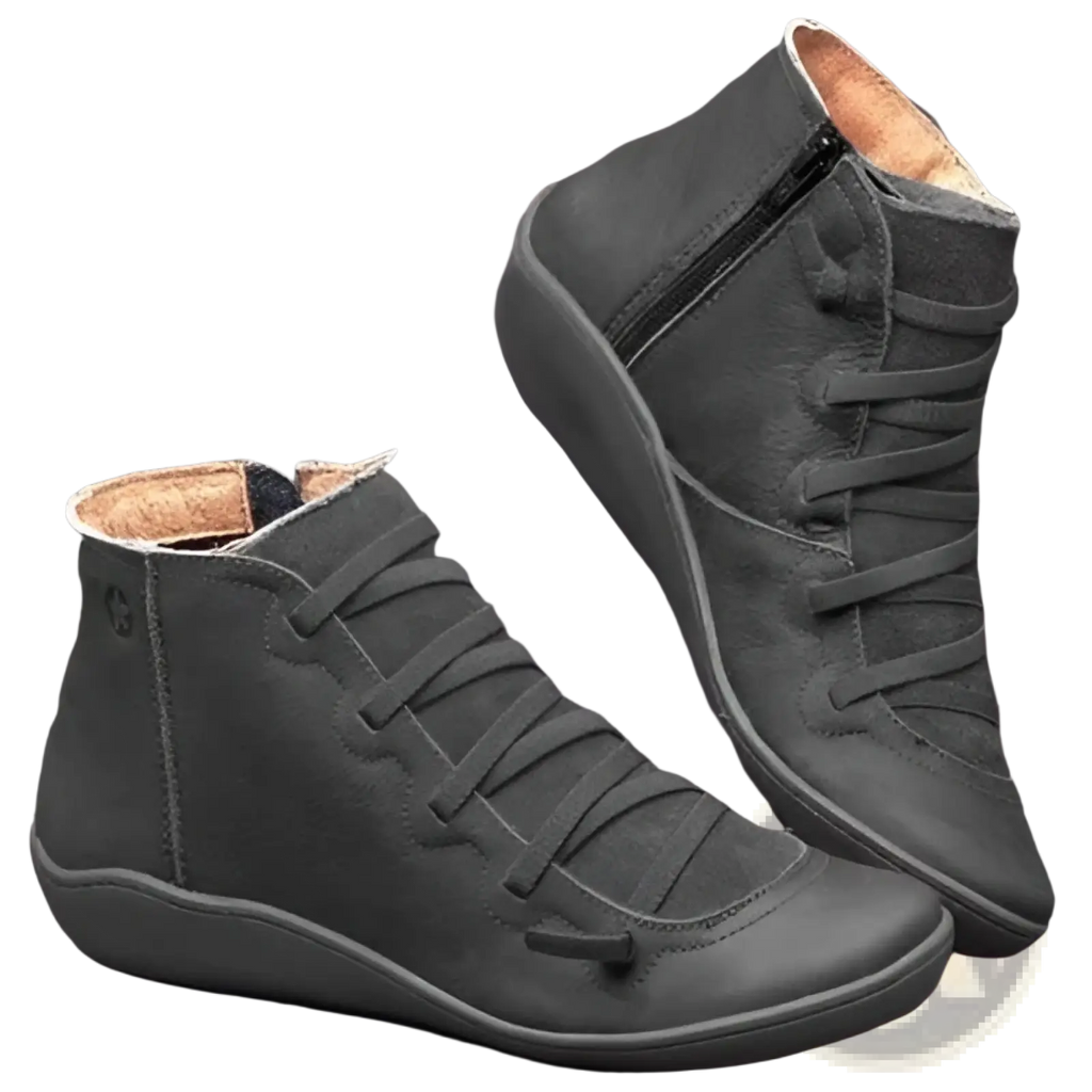Dark gray suede snake print wedge ankle boots for women with inner zipper and laces through decorative eyelets