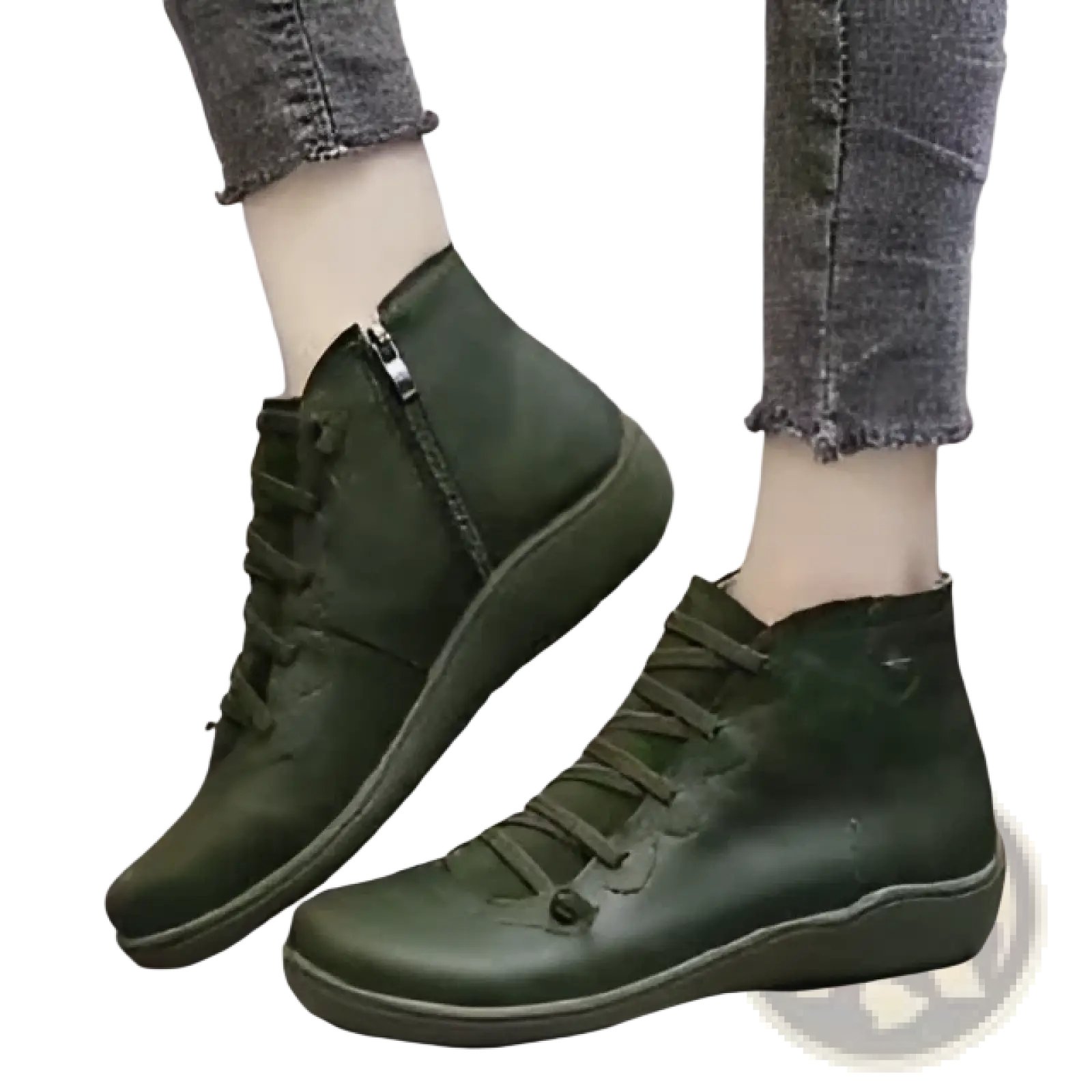 Dark green leather snake print wedge ankle boots for women with side zipper and laces