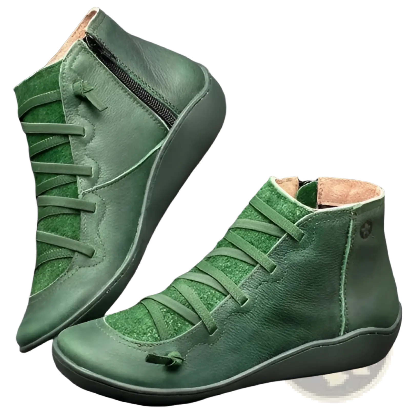 Green leather snake print wedge ankle boots for women with lace-up fronts and inner side zipper closure